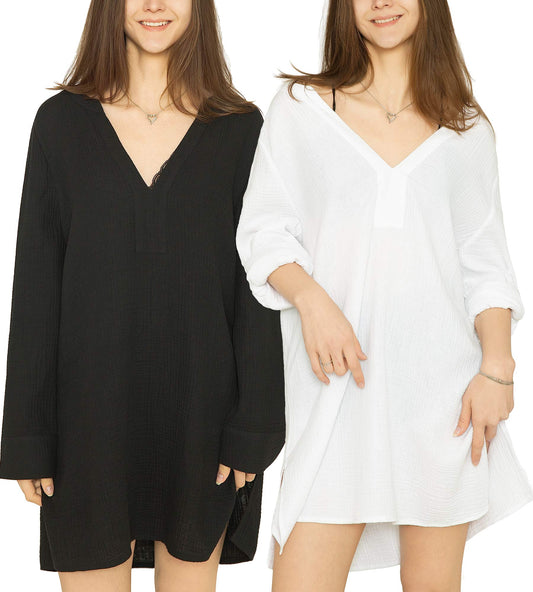 MERIDIANA 2-Pack Women's 100% Cotton Seersucker V-Neck Loose Beach Vacation Dress Poolside Swimsuit Coverups for Holiday Life