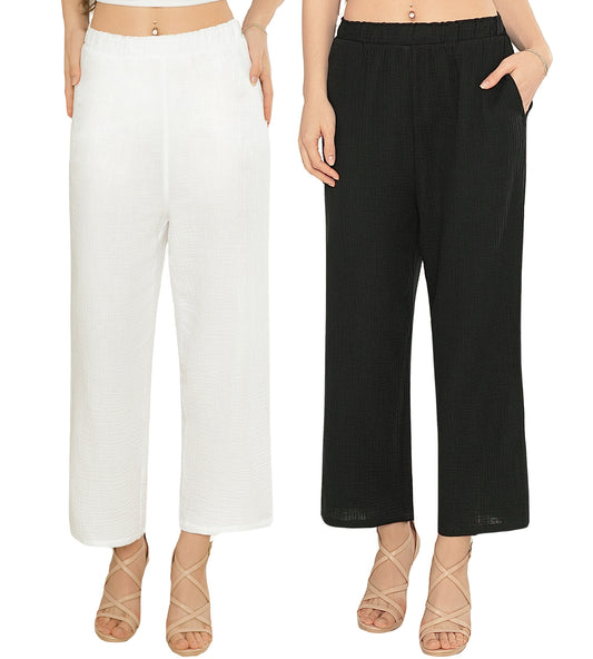 MERIDIANA Women's 2 Pack Wide Leg Cotton Seersucker Pants Summer Casual Beach Palazzo Trousers with Pockets Travel Vacation