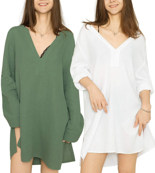 MERIDIANA 2-Pack Women's 100% Cotton Seersucker V-Neck Loose Beach Vacation Dress Poolside Swimsuit Coverups for Holiday Life