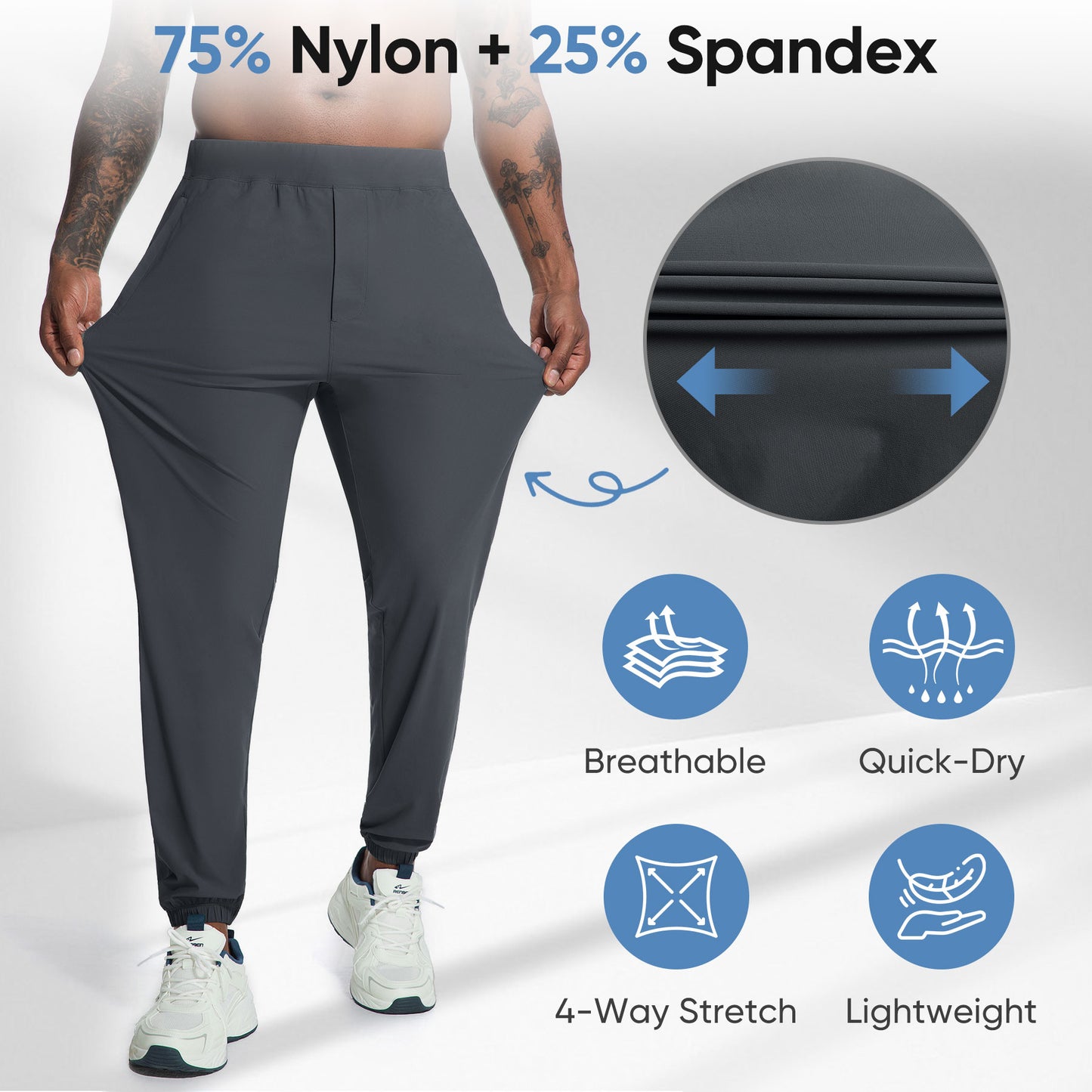 MERIDIANO Mens Hiking Pants with Zipper Pocket Nylon Lightweight Quick-Dry Stretchy Outdoor Gym Jogger Sweatpants