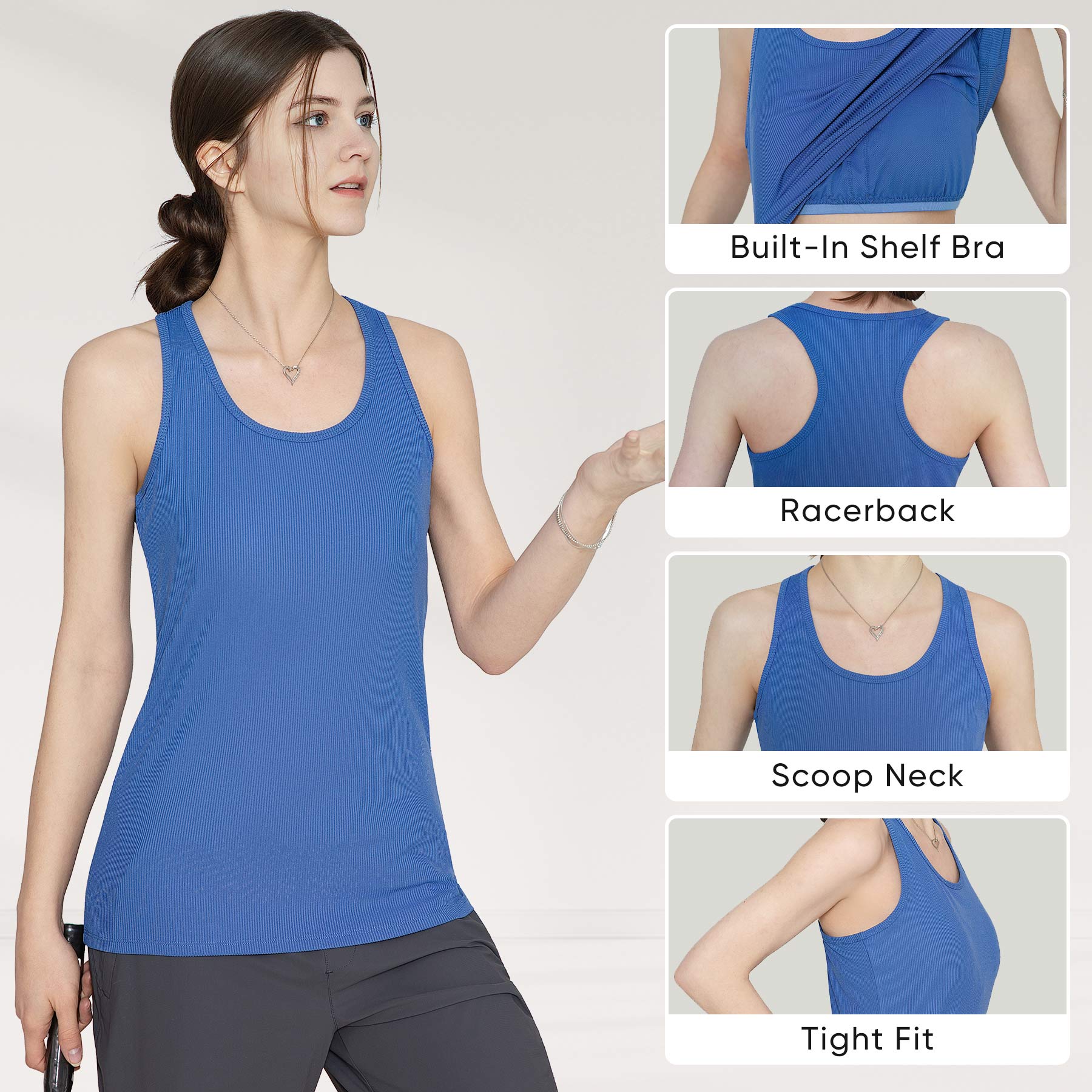 MERIDIANA 2-Pack Women's Tank Tops with Removable Build-in Shelf Bra Ribbed Sleeveless Soft Casual Cami Shirts Daily Wear