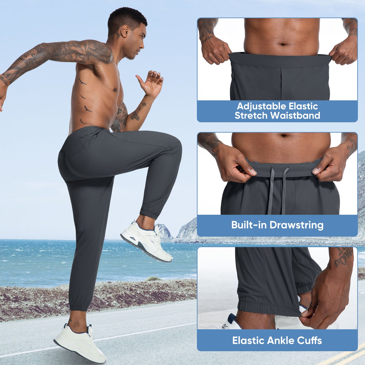 MERIDIANO Mens Hiking Pants with Zipper Pocket Nylon Lightweight Quick-Dry Stretchy Outdoor Gym Jogger Sweatpants