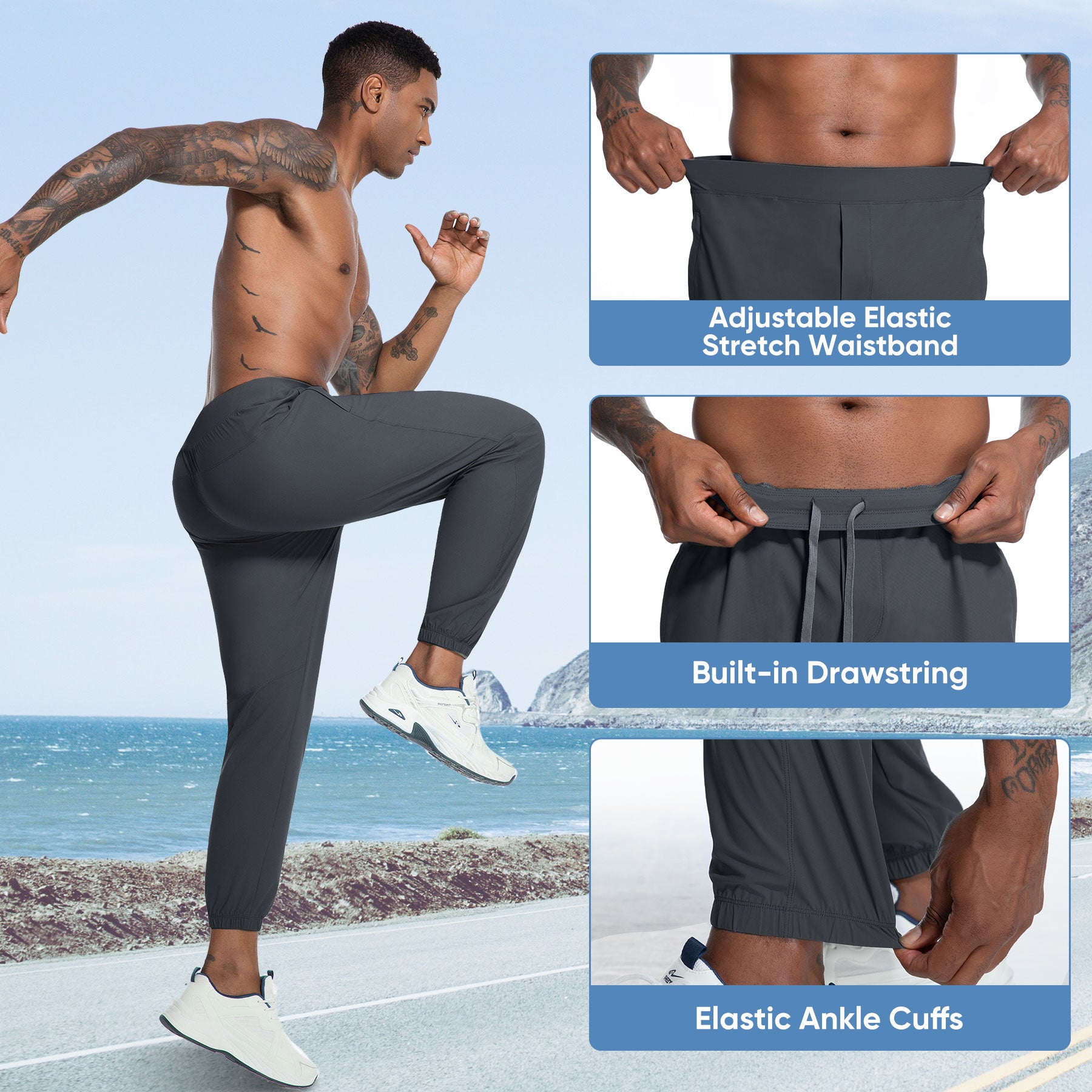MERIDIANO Mens Hiking Pants with Zipper Pocket Nylon Lightweight Quick-Dry Stretchy Outdoor Gym Jogger Sweatpants