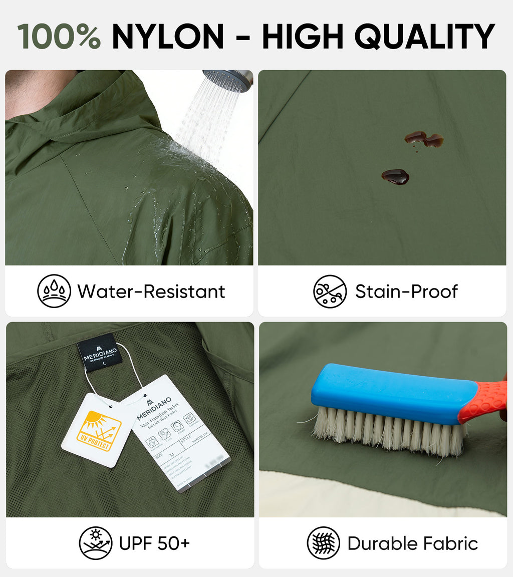 MERIDIANO Men's Lightweight Packable Jacket, UPF 50+ Sun & Water Resistant Windbreaker with Hood, Stain & Dog Hair Repellent