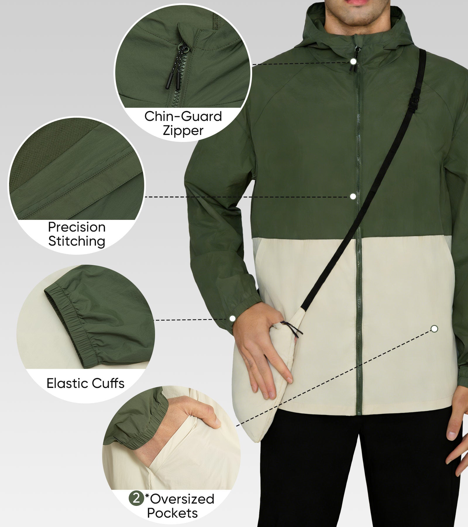 MERIDIANO Men's Lightweight Packable Jacket, UPF 50+ Sun & Water Resistant Windbreaker with Hood, Stain & Dog Hair Repellent