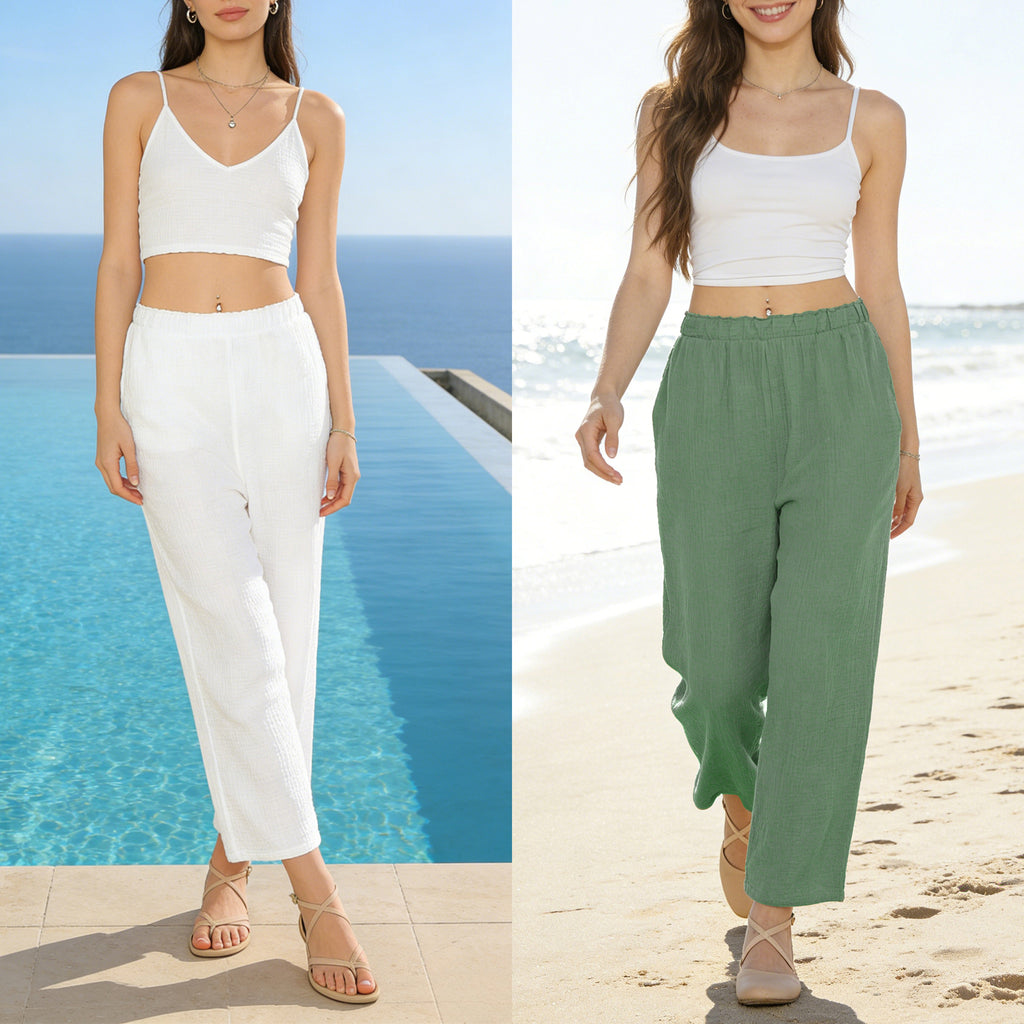 MERIDIANA Women's 2 Pack Wide Leg Cotton Seersucker Pants Summer Casual Beach Palazzo Trousers with Pockets Travel Vacation