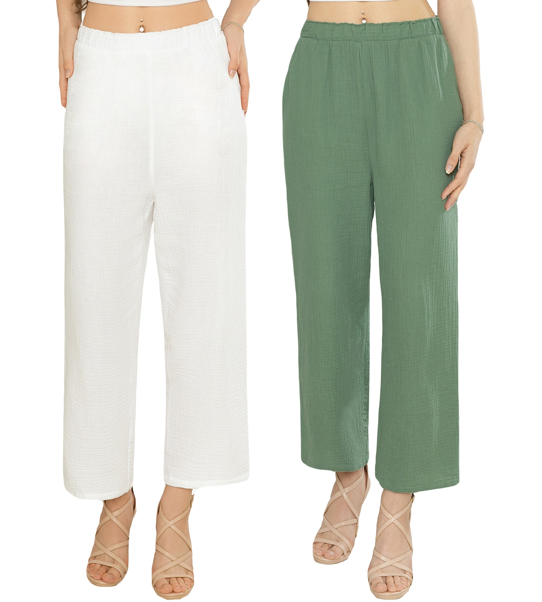 MERIDIANA Women's 2 Pack Wide Leg Cotton Seersucker Pants Summer Casual Beach Palazzo Trousers with Pockets Travel Vacation