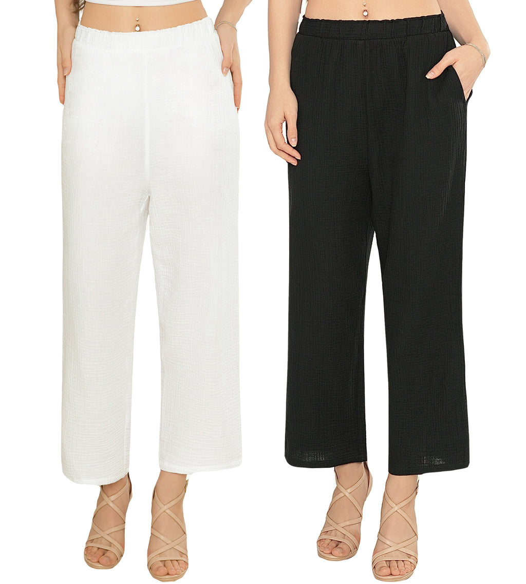 MERIDIANA Women's 2 Pack Wide Leg Cotton Seersucker Pants Summer Casual Beach Palazzo Trousers with Pockets Travel Vacation