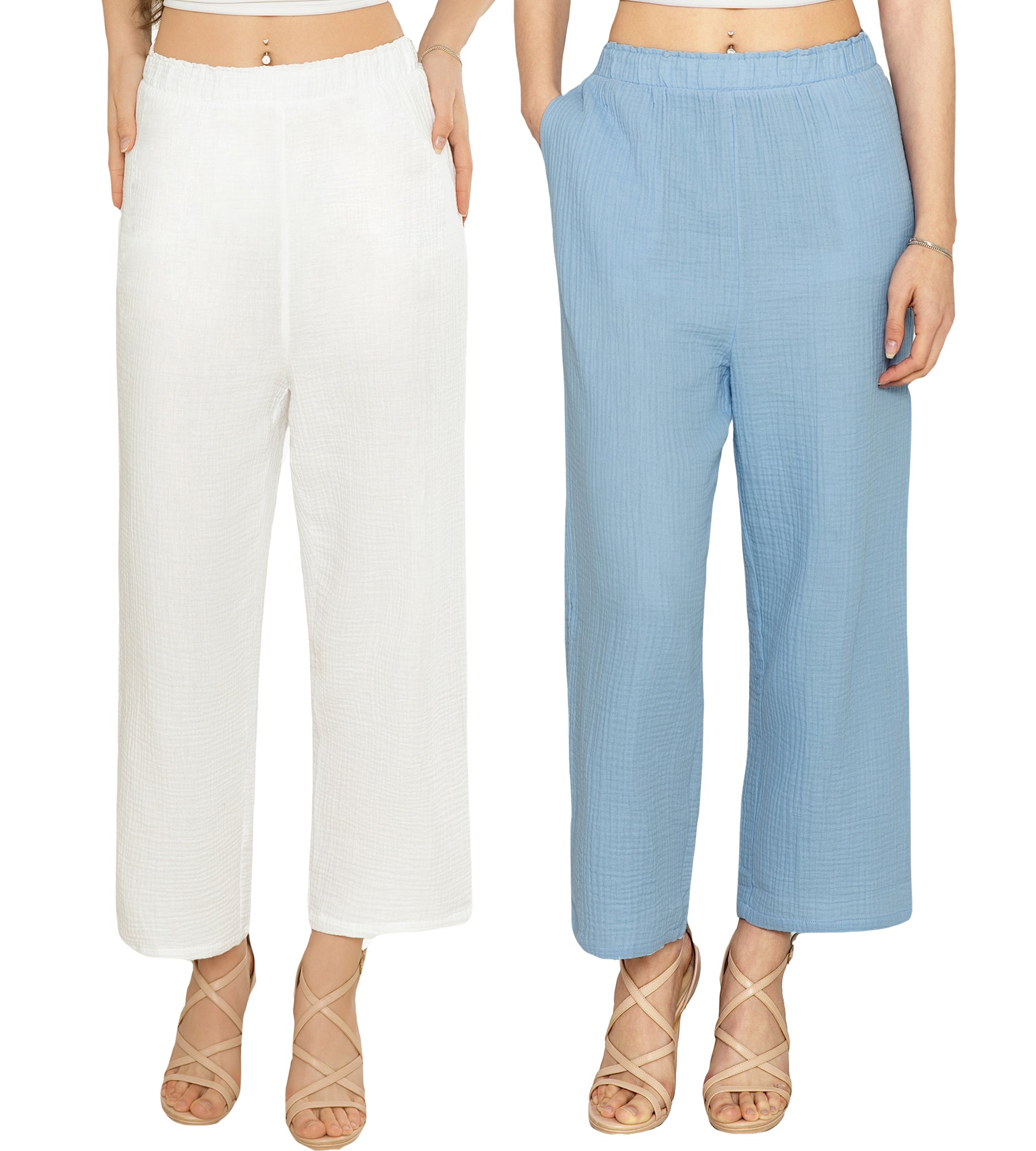 MERIDIANA Women's 2 Pack Wide Leg Cotton Seersucker Pants Summer Casual Beach Palazzo Trousers with Pockets Travel Vacation