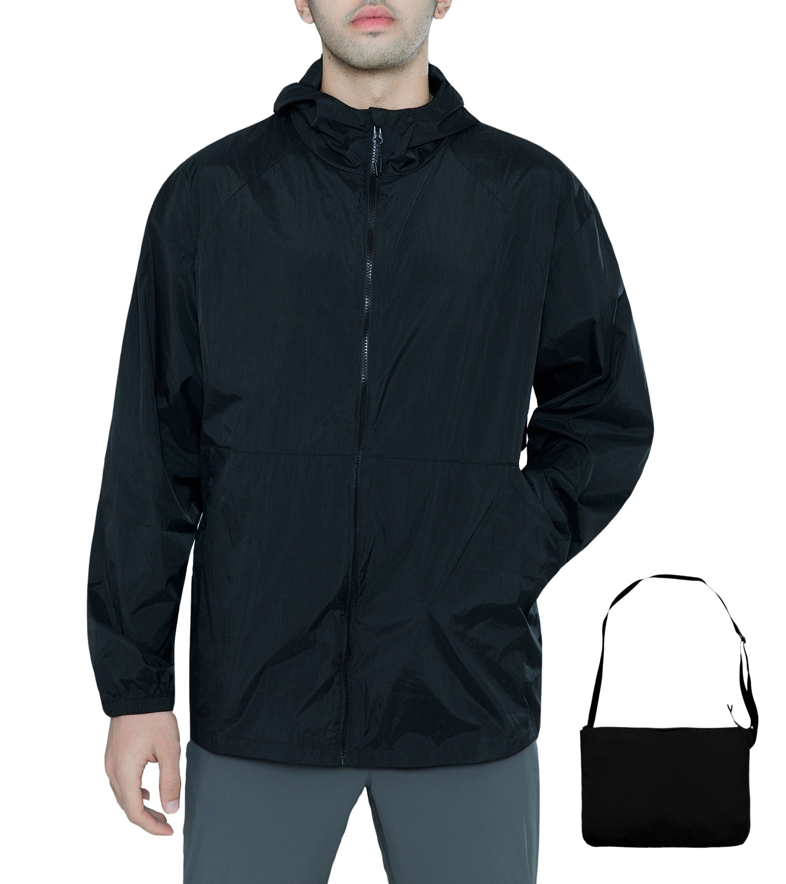 MERIDIANO Men's Lightweight Packable Jacket, UPF 50+ Sun & Water Resistant Windbreaker with Hood, Stain & Dog Hair Repellent
