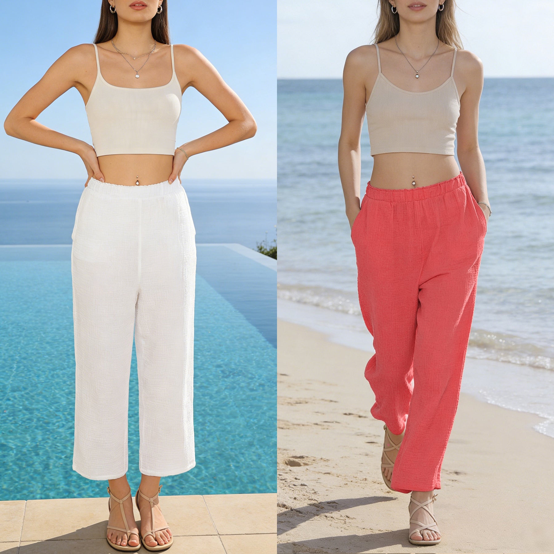 MERIDIANA Women's 2 Pack Wide Leg Cotton Seersucker Pants Summer Casual Beach Palazzo Trousers with Pockets Travel Vacation