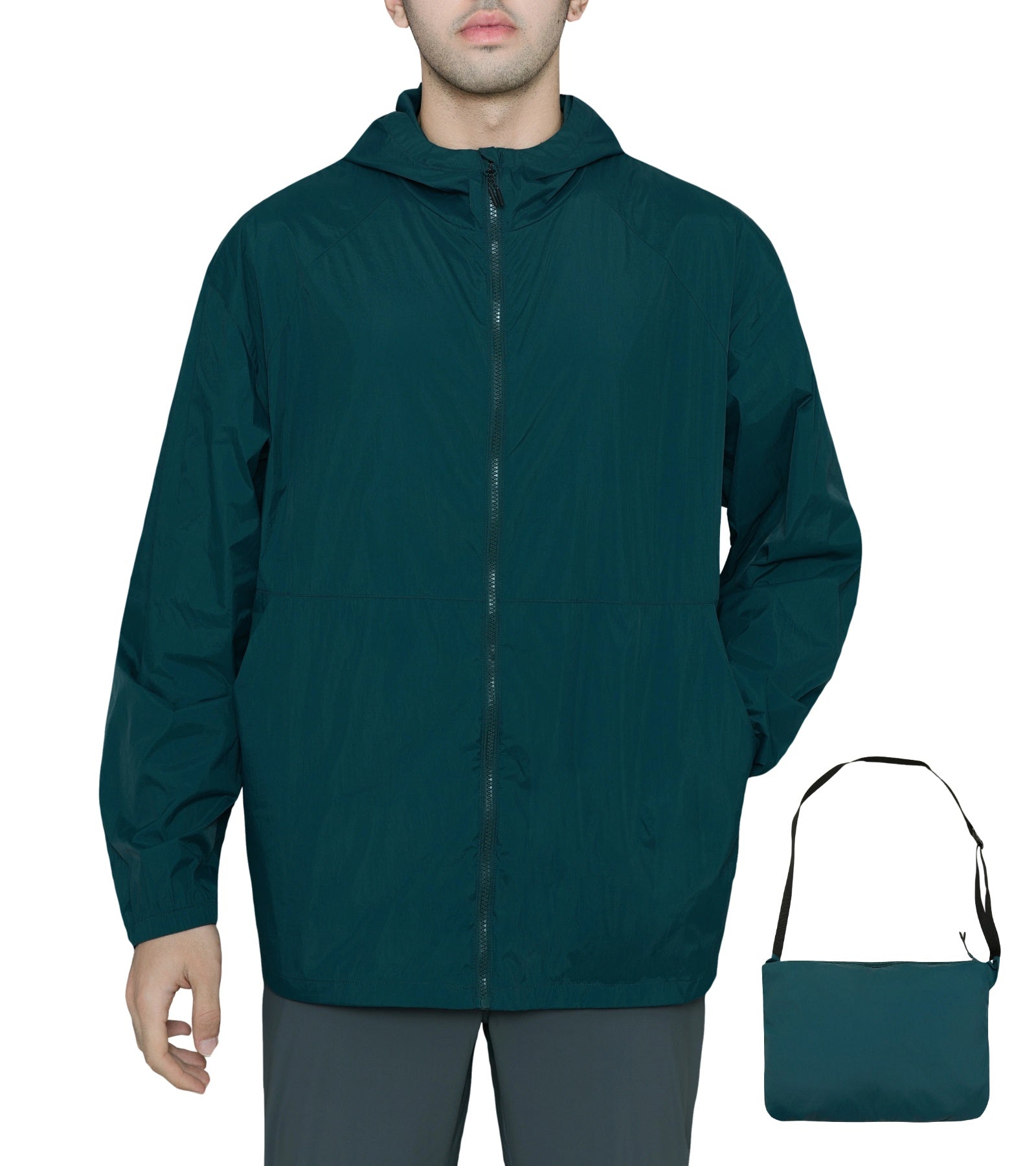 MERIDIANO Men's Lightweight Packable Jacket, UPF 50+ Sun & Water Resistant Windbreaker with Hood, Stain & Dog Hair Repellent