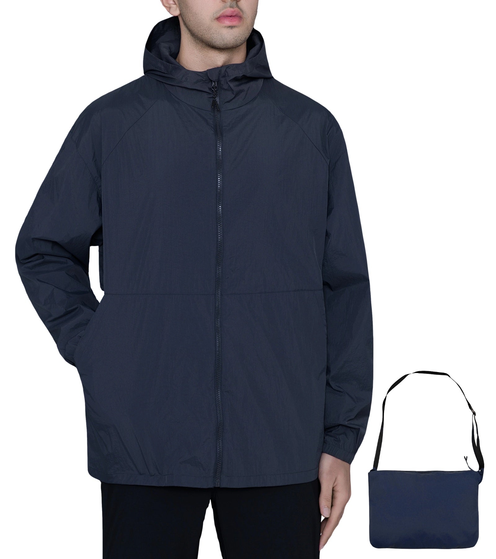 MERIDIANO Men's Lightweight Packable Jacket, UPF 50+ Sun & Water Resistant Windbreaker with Hood, Stain & Dog Hair Repellent