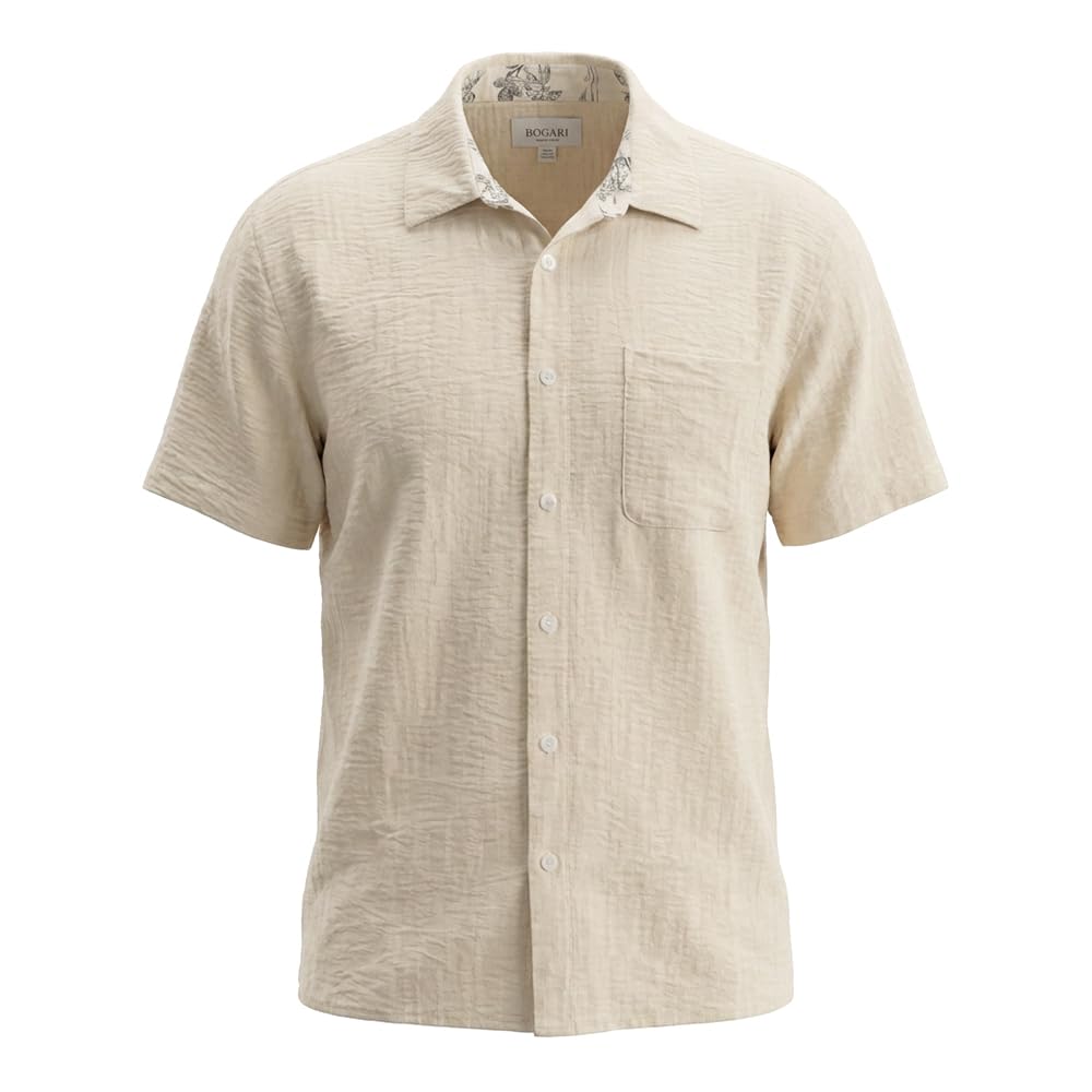 BOGARI Men's Short Sleeve Seersucker Button Down Shirt, Casual Camp Collar Summer Shirt, 100% Cotton