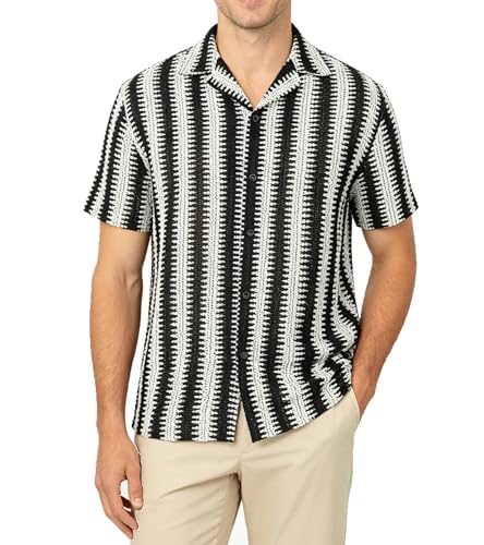 BOGARI Men Crochet Shirt Hollow Out Knit Stripe Summer Beach Button Down Sheer Lace Shirts Casual Cuban Textured Tops