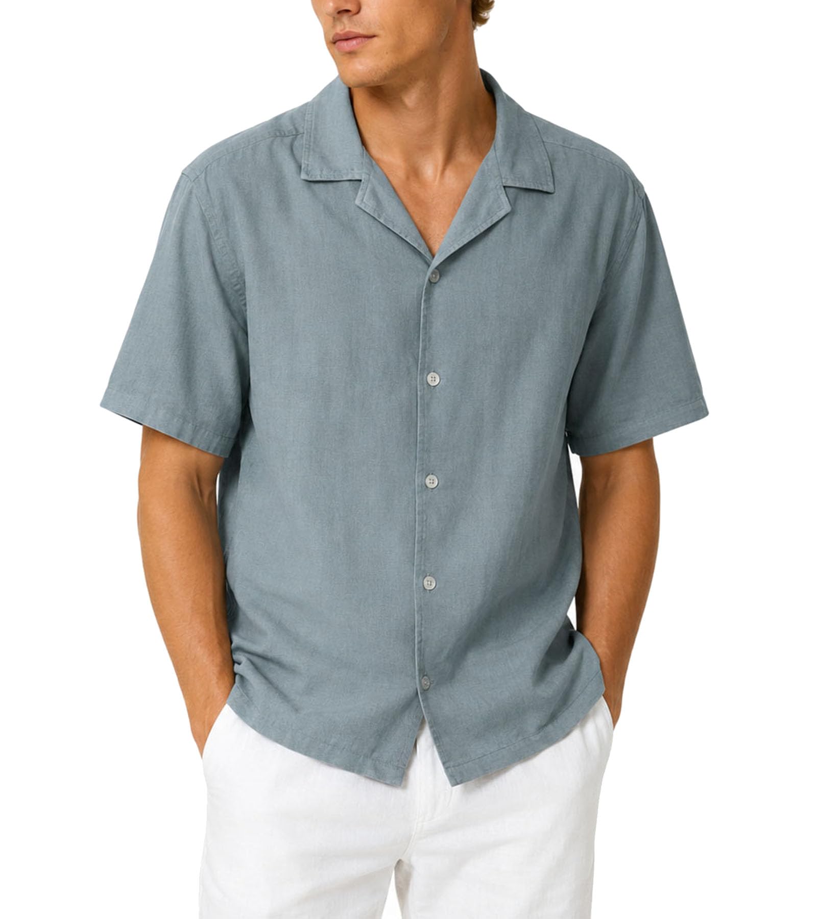 Men's Linen Button Down Shirt Short Sleeve Casual Summer Vacation Shirts Lightweight Breathable Beach