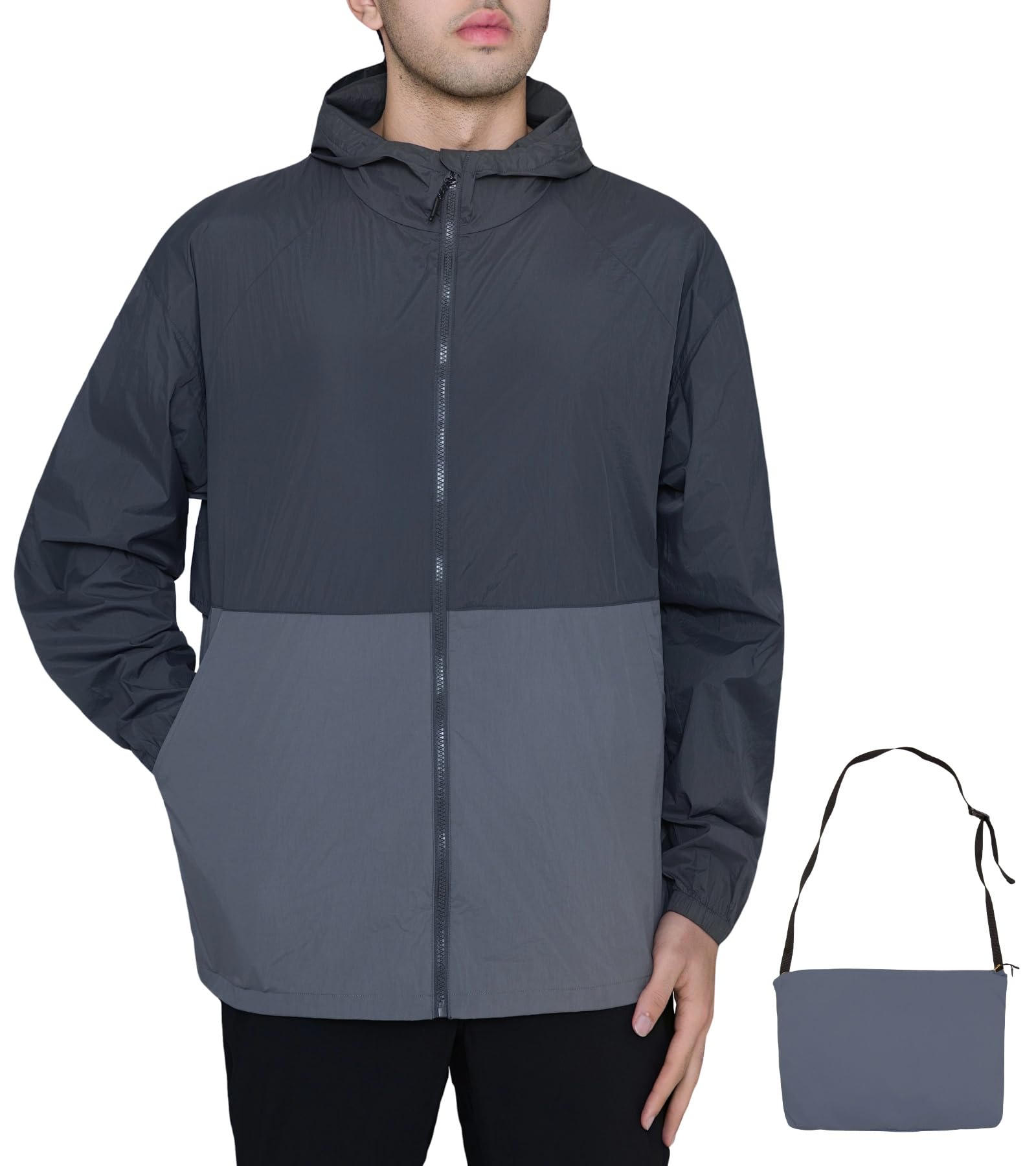 MERIDIANO Men's Lightweight Packable Jacket, UPF 50+ Sun & Water Resistant Windbreaker with Hood, Stain & Dog Hair Repellent