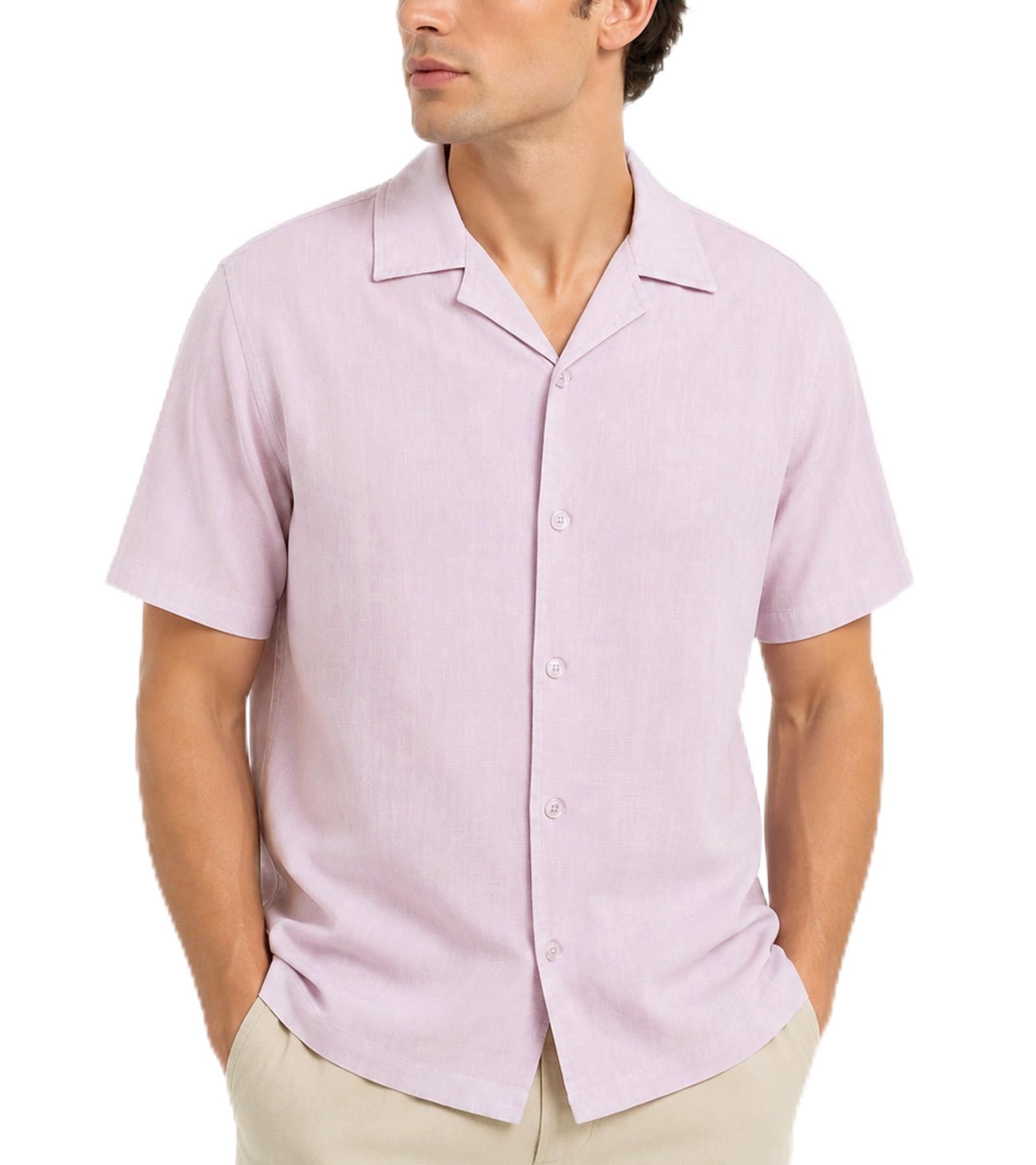 Men's Linen Button Down Shirt Short Sleeve Casual Summer Vacation Shirts Lightweight Breathable Beach