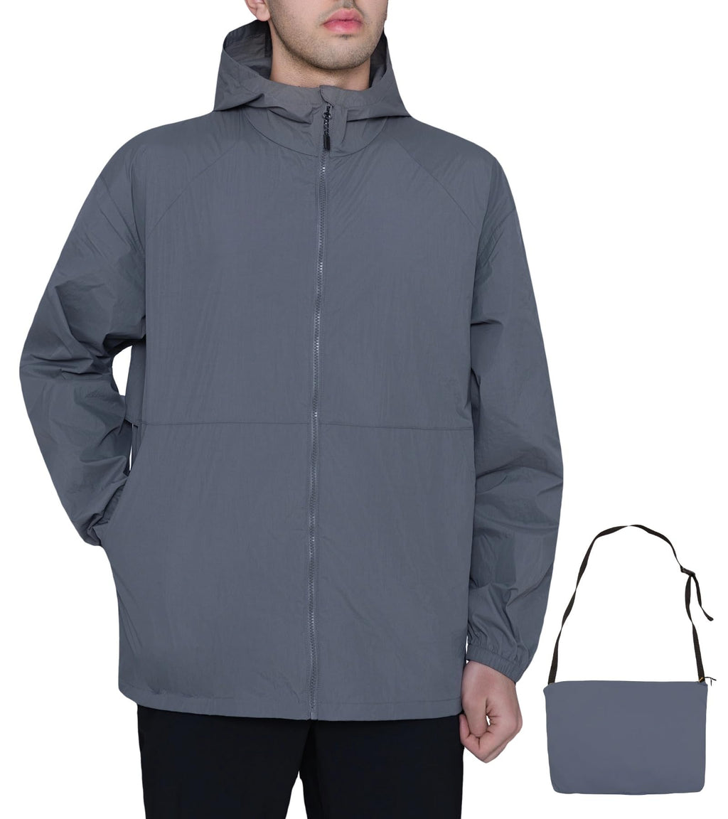 MERIDIANO Men's Lightweight Packable Jacket, UPF 50+ Sun & Water Resistant Windbreaker with Hood, Stain & Dog Hair Repellent