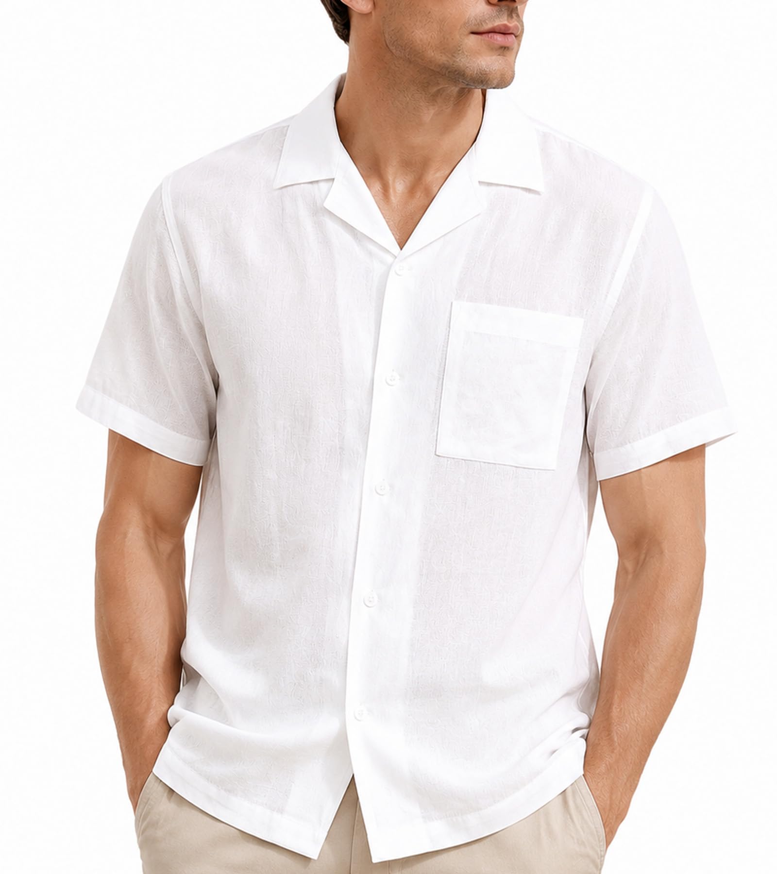 BOGARI Men's Short Sleeve Button Down Shirts 100% Lyocell Guayabera Shirt for Summer Vacation Casual Daily Wear
