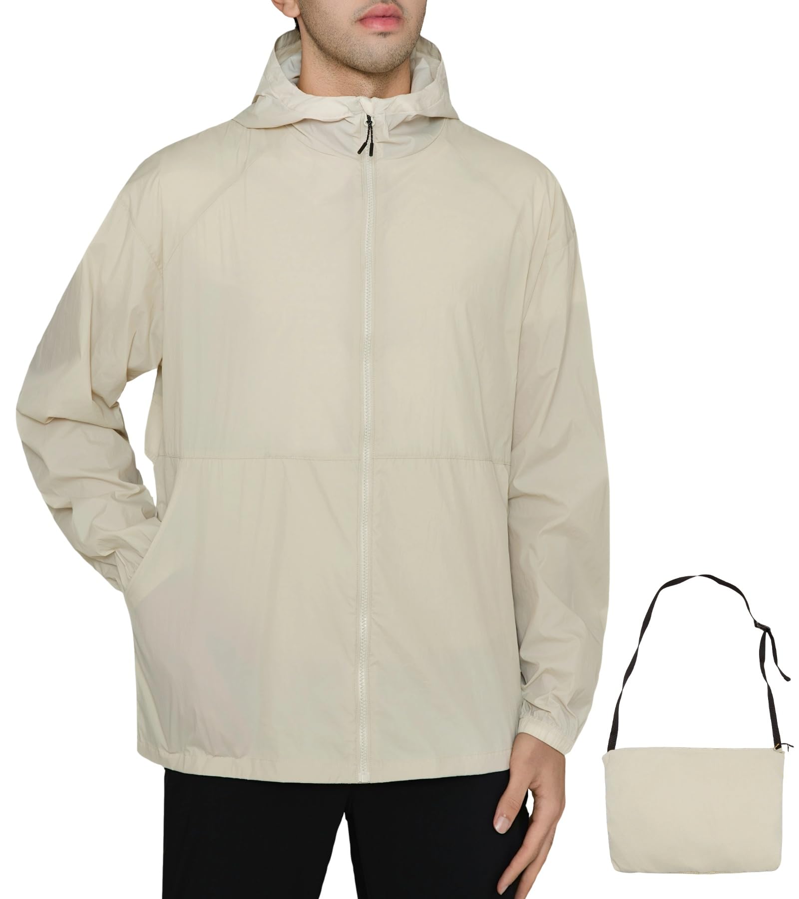 MERIDIANO Men's Lightweight Packable Jacket, UPF 50+ Sun & Water Resistant Windbreaker with Hood, Stain & Dog Hair Repellent