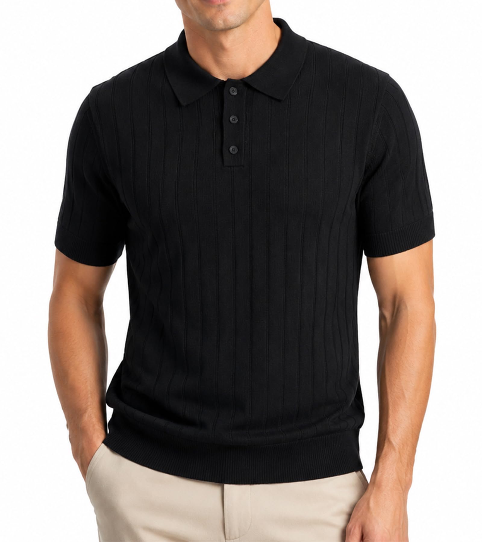 BOGARI Men's Knit Polo Shirts Short Sleeve Textured Knit V Neck Shirt Casual Ribbed Golf Sweater Summer Old Money Tops