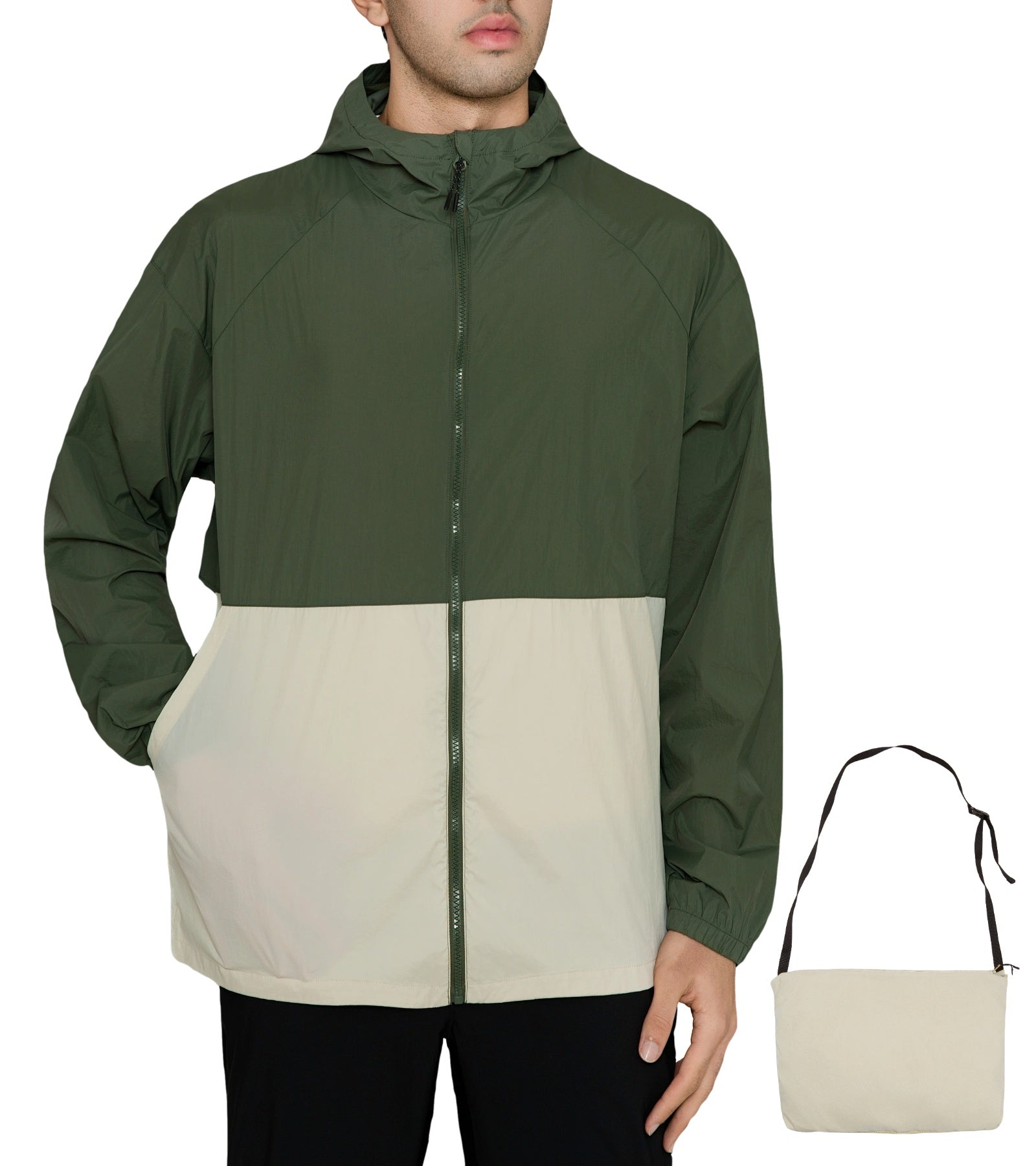 MERIDIANO Men's Lightweight Packable Jacket, UPF 50+ Sun & Water Resistant Windbreaker with Hood, Stain & Dog Hair Repellent