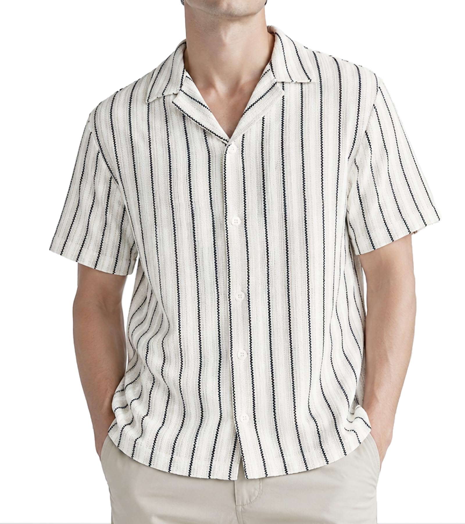 BOGARI Men Crochet Shirt Hollow Out Knit Stripe Summer Beach Button Down Sheer Lace Shirts Casual Cuban Textured Tops