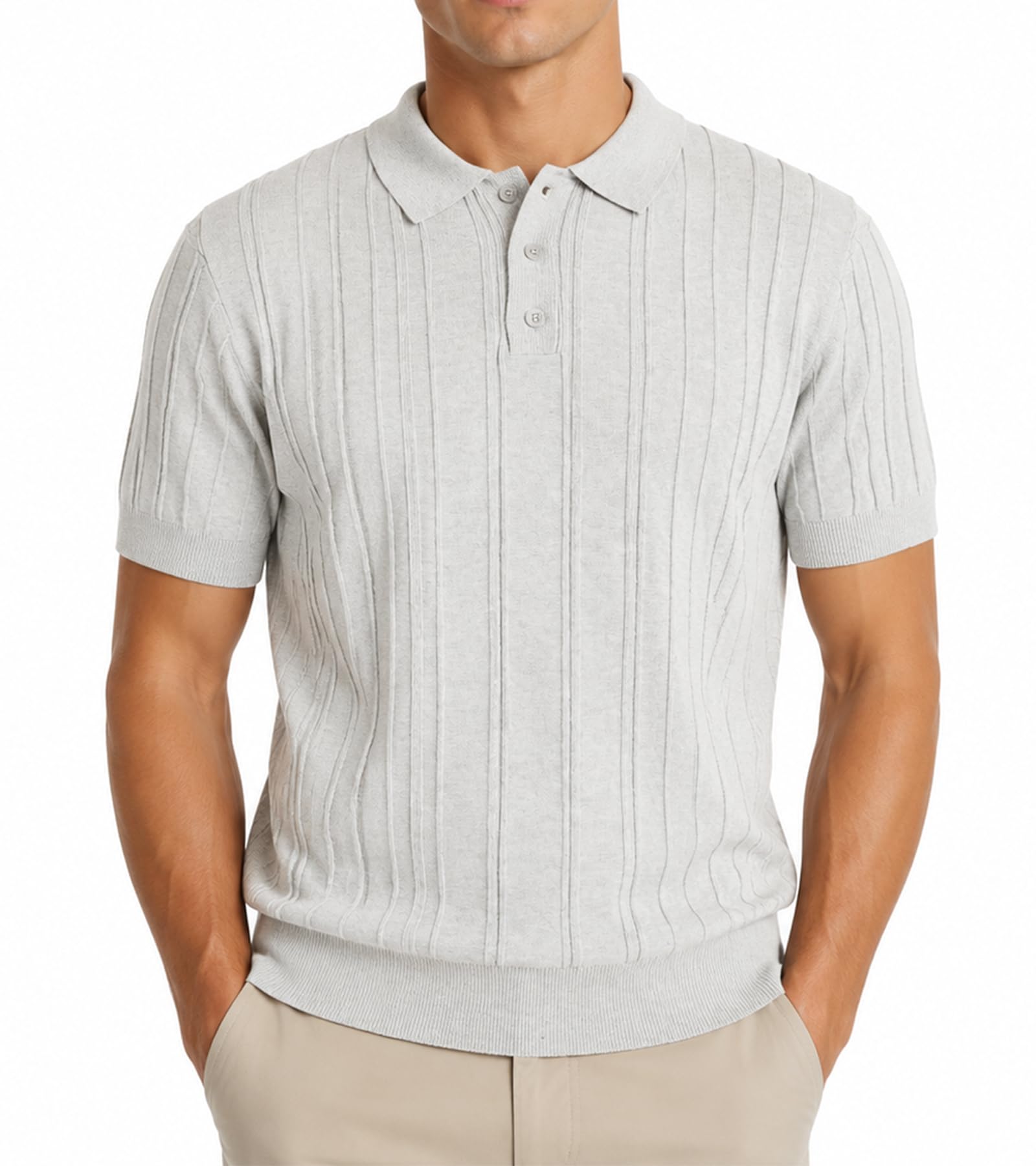 BOGARI Men's Knit Polo Shirts Short Sleeve Textured Knit V Neck Shirt Casual Ribbed Golf Sweater Summer Old Money Tops