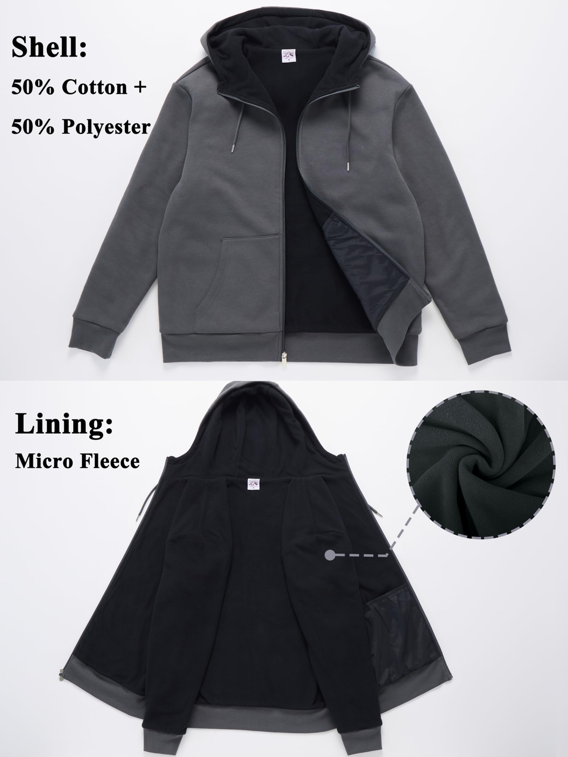 WHITE PEAK TRADING COMPANY Men's Fleece Full-zip Jacket Oversized Winter Hoodie Casual Warm Cotton Sweatshirt Outerwear