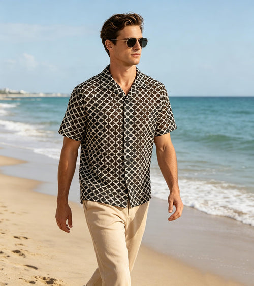BOGARI Men Crochet Shirt Hollow Out Knit Stripe Summer Beach Button Down Sheer Lace Shirts Casual Cuban Textured Tops