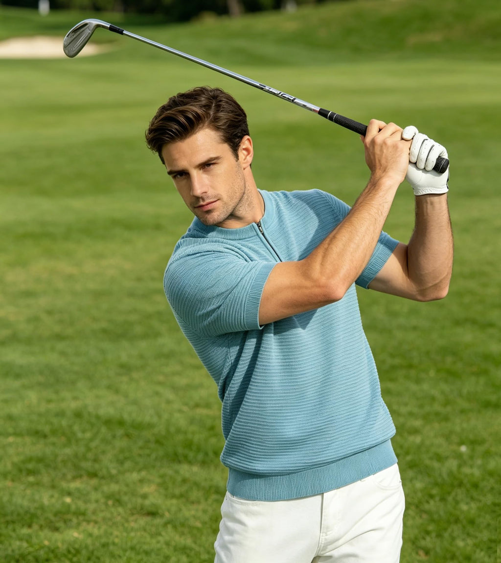 BOGARI Mens Knit Polo Shirt Short Sleeve Zipper for Summer Casual Dress Sweater Shirts Textured Ribbed Knitted Golf Tops