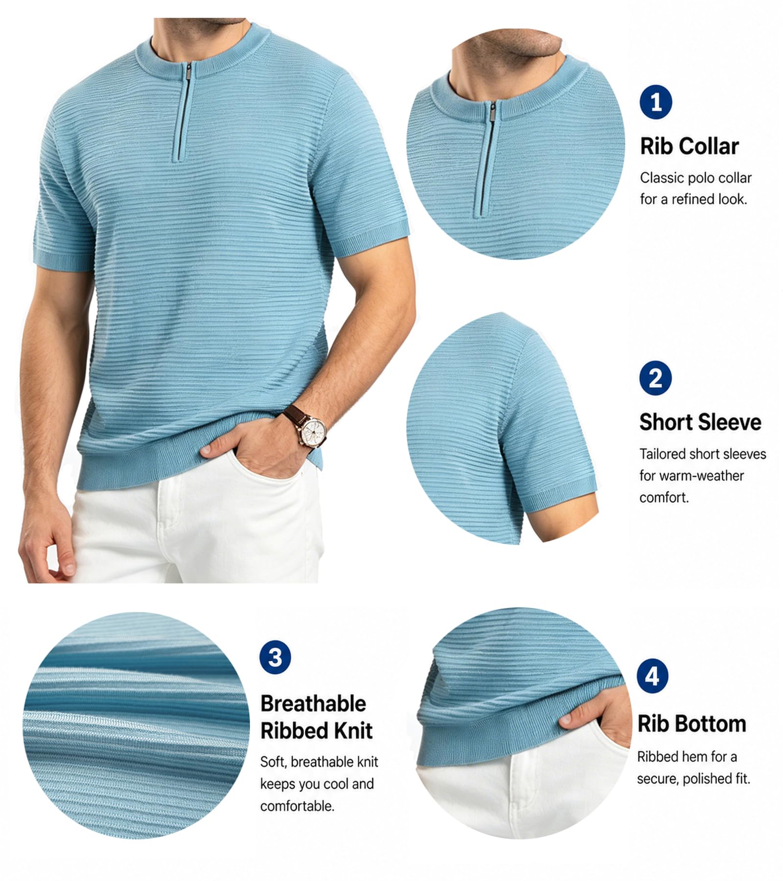 BOGARI Mens Knit Polo Shirt Short Sleeve Zipper for Summer Casual Dress Sweater Shirts Textured Ribbed Knitted Golf Tops