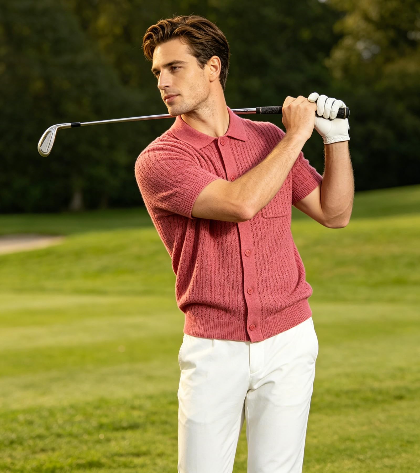 BOGARI Mens Knit Button Down Casual Polo Shirts Short Sleeve Cardigan Sweater with Pocket for Summer Golf Tops Vacation