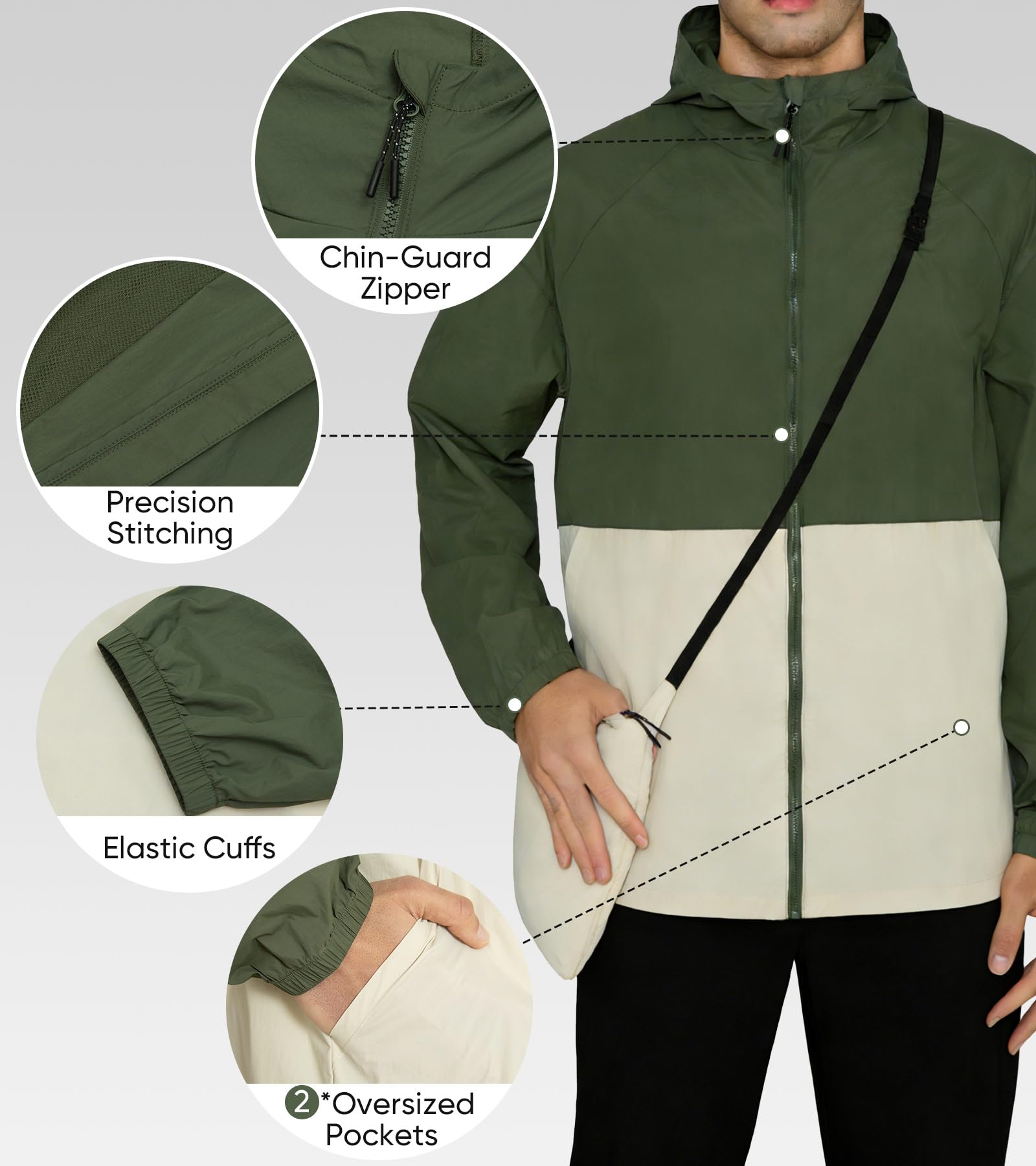 MERIDIANO Men's Lightweight Packable Jacket, UPF 50+ Sun & Water Resistant Windbreaker with Hood, Stain & Dog Hair Repellent