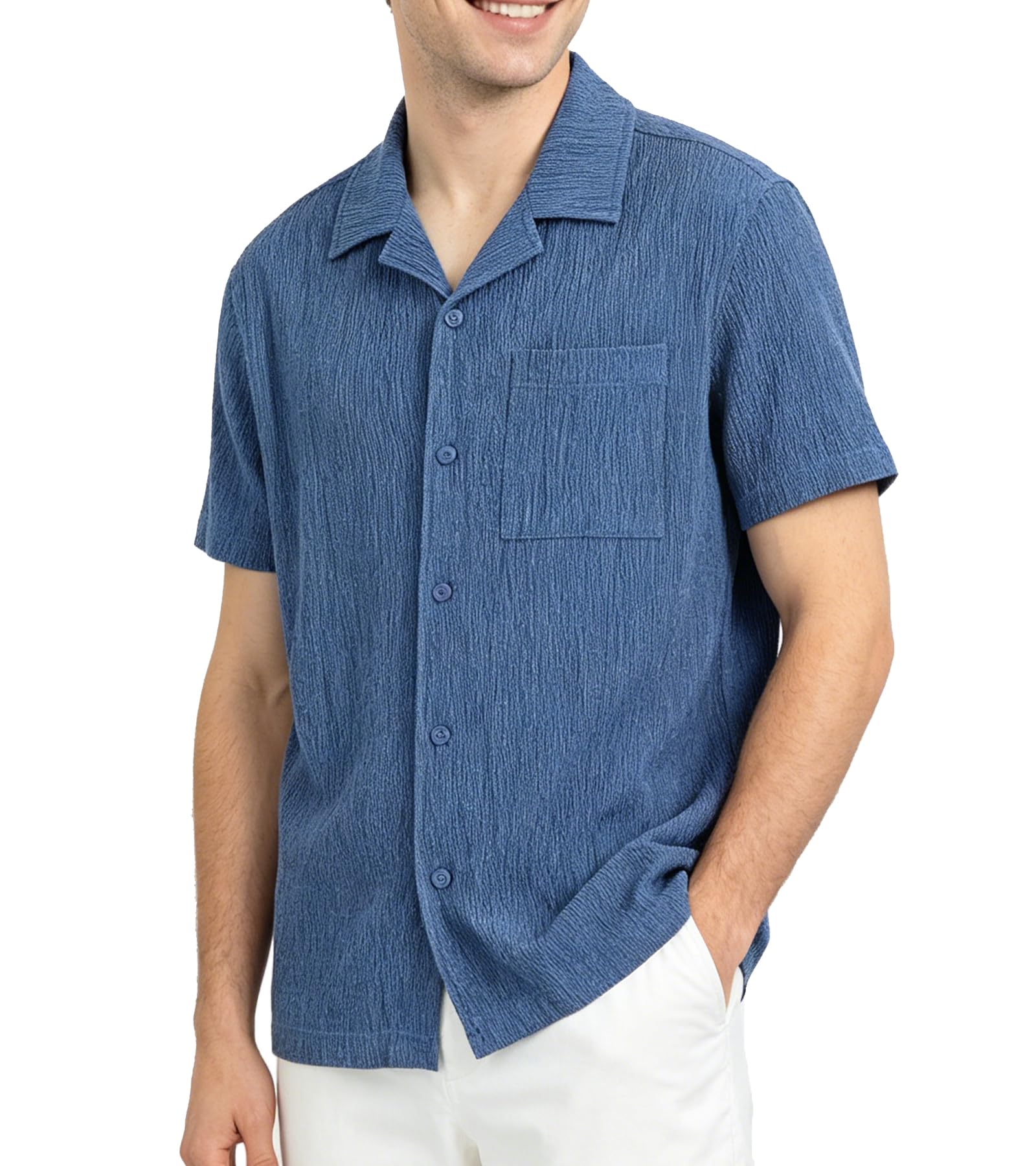 BOGARI Mens Summer Striped Shirts Button Down Knit Short Sleeve Textured Vacation Beach Casual Cuban Shirts with Pocket