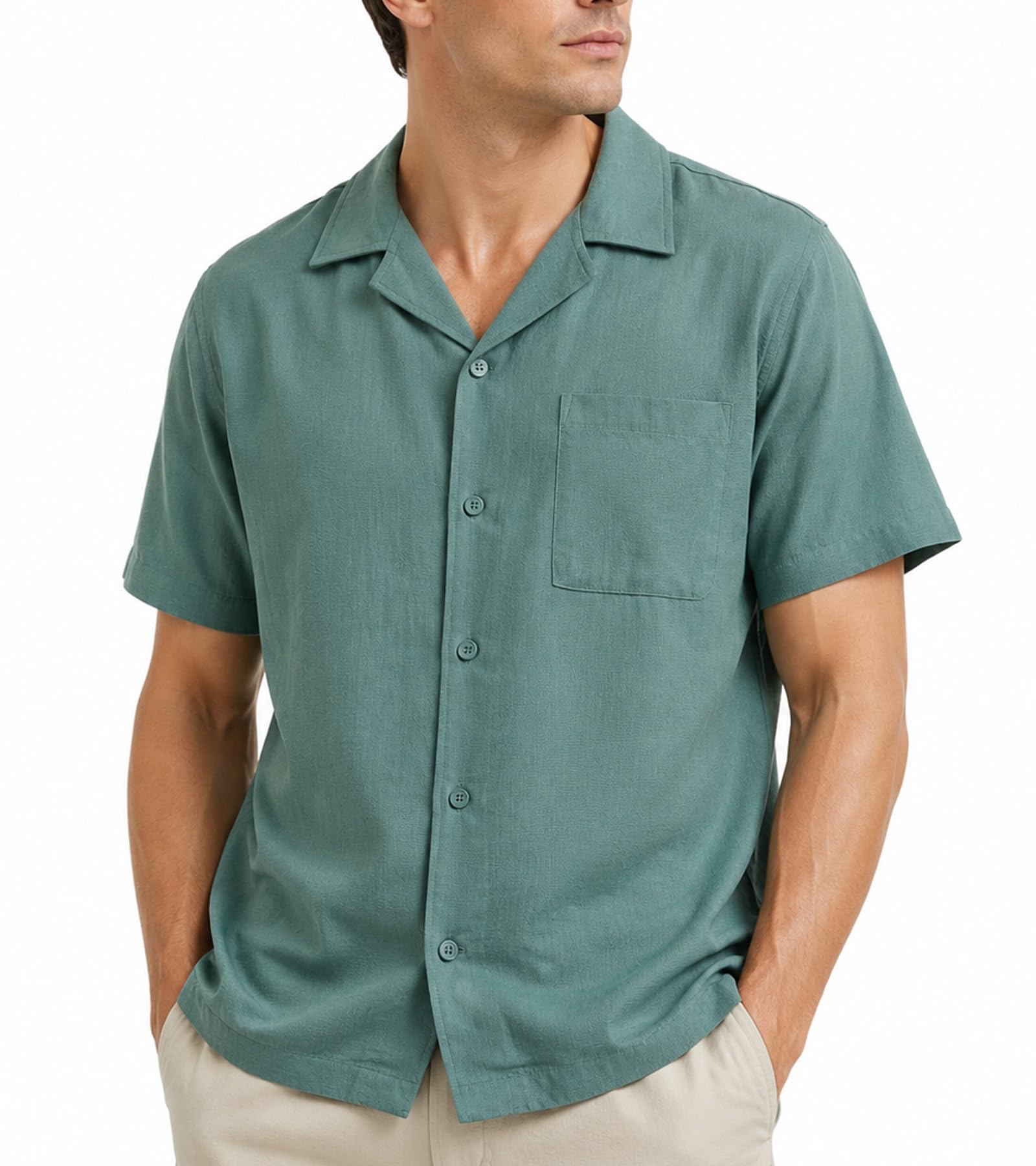 Men's Camp Collar Linen Button Down Shirt, Short Sleeve Casual Summer Beach Wedding Vacation Shirt, Relaxed Fit White