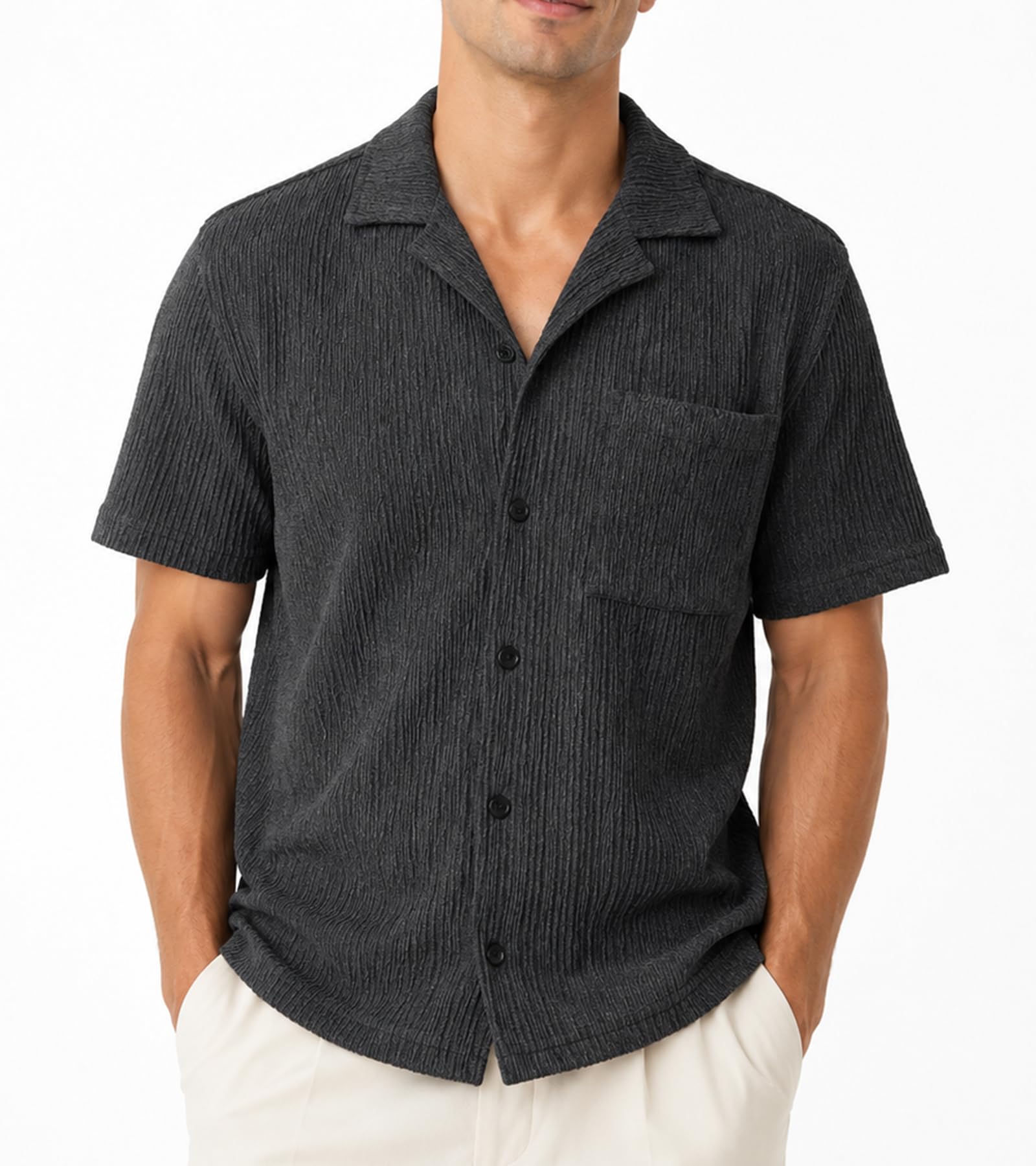 BOGARI Mens Summer Striped Shirts Button Down Knit Short Sleeve Textured Vacation Beach Casual Cuban Shirts with Pocket