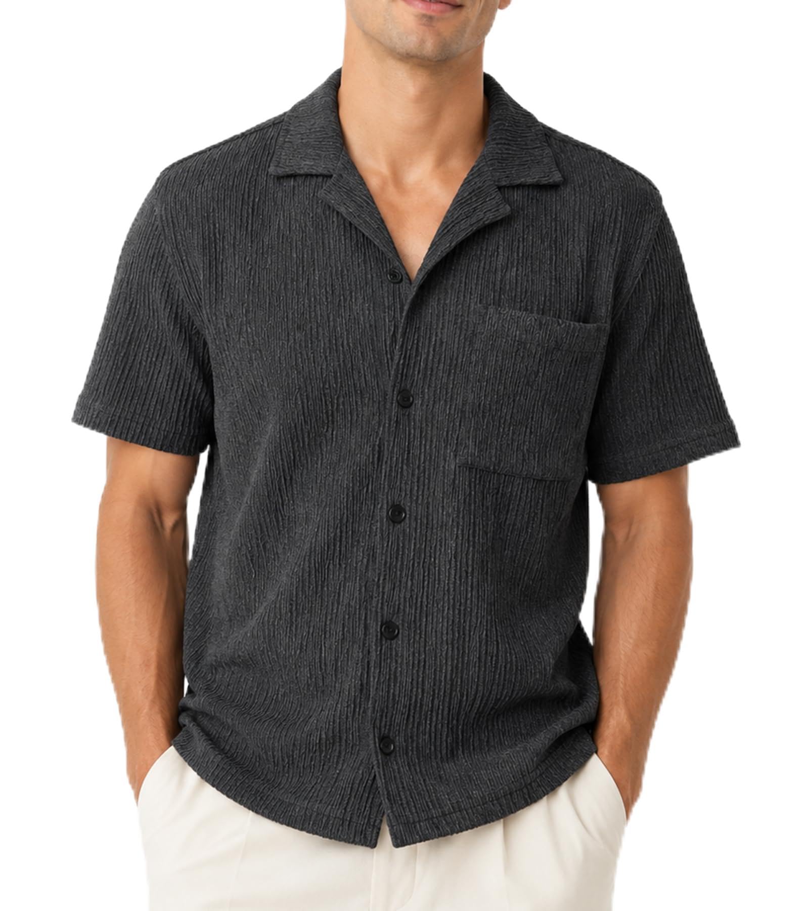 BOGARI Mens Summer Striped Shirts Button Down Knit Short Sleeve Textured Vacation Beach Casual Cuban Shirts with Pocket