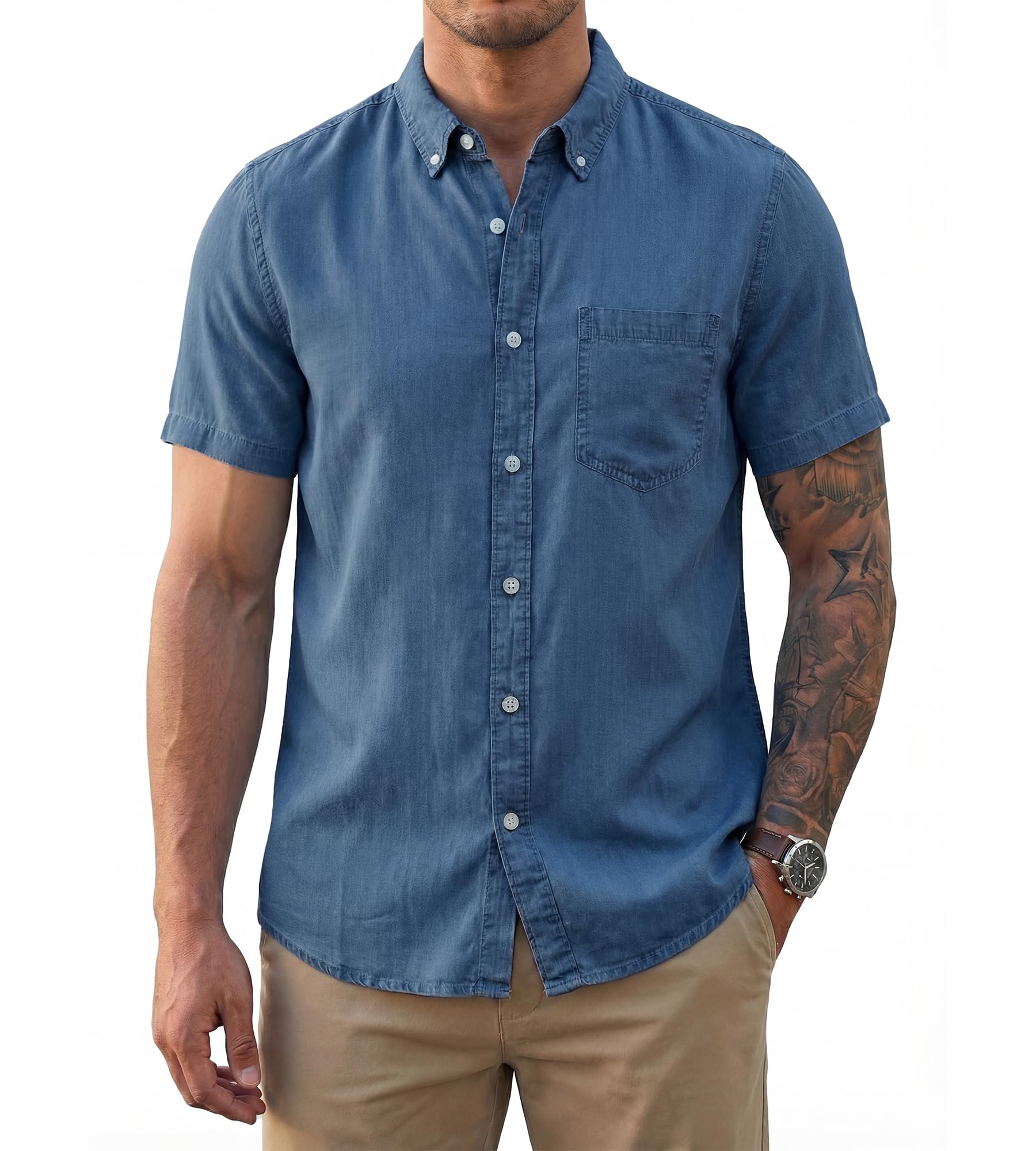 BOGARI Men's Short Sleeve Casual Shirts 100% Cotton Cooling Button Down Untucked Shirt for Summer Office Beach Daily
