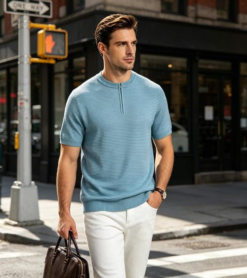 BOGARI Mens Knit Polo Shirt Short Sleeve Zipper for Summer Casual Dress Sweater Shirts Textured Ribbed Knitted Golf Tops
