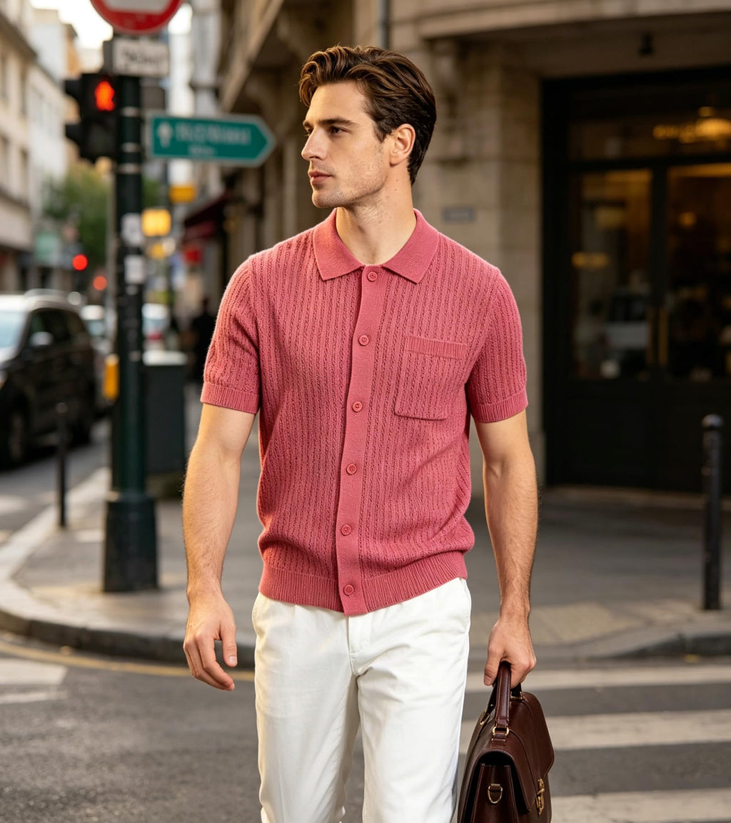 BOGARI Mens Knit Button Down Casual Polo Shirts Short Sleeve Cardigan Sweater with Pocket for Summer Golf Tops Vacation