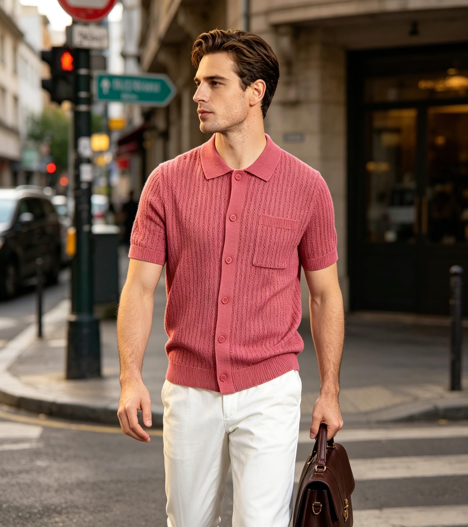 BOGARI Mens Knit Button Down Casual Polo Shirts Short Sleeve Cardigan Sweater with Pocket for Summer Golf Tops Vacation
