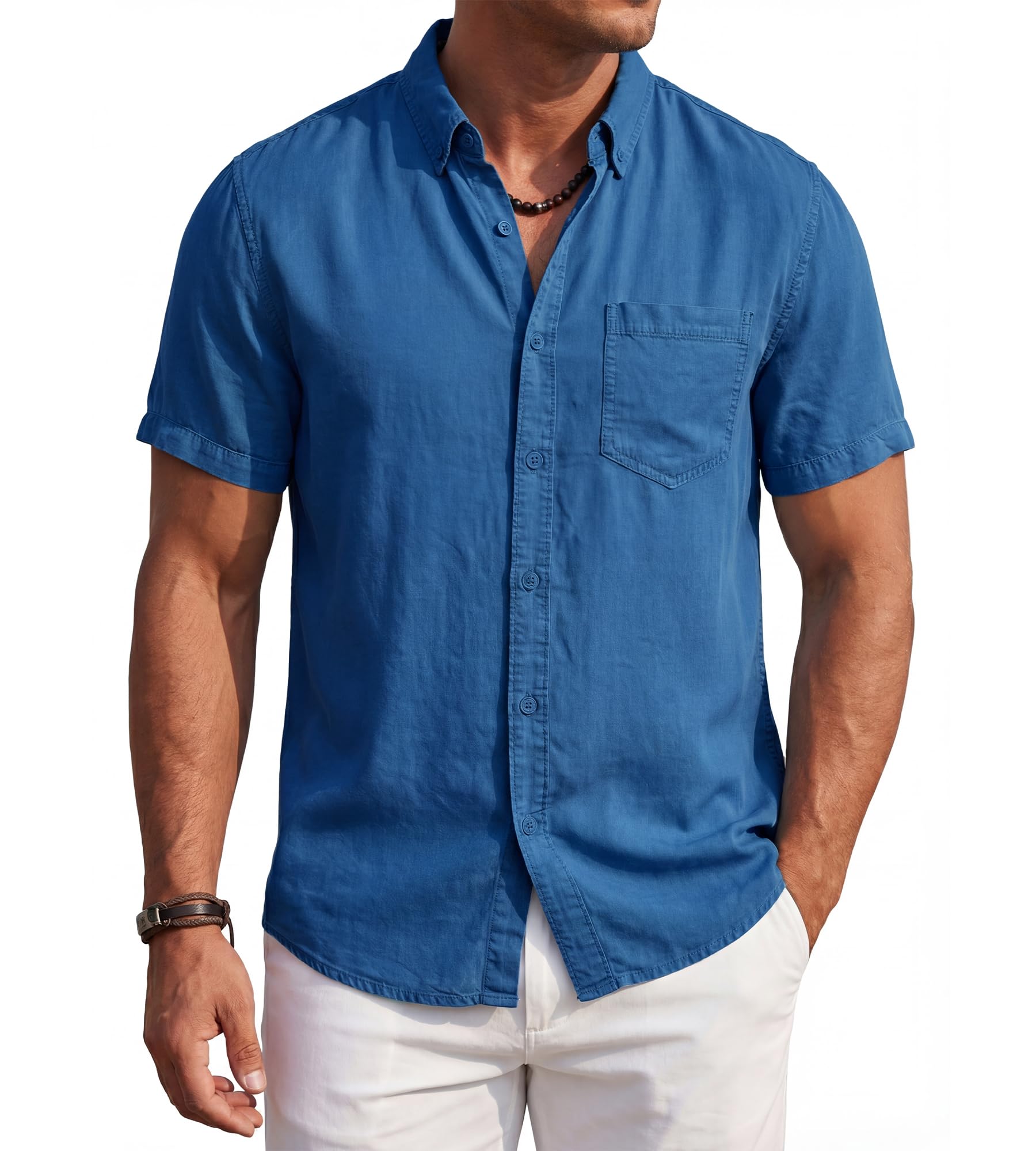 BOGARI Men's Short Sleeve Button Down Shirts 100% Lyocell Guayabera Shirt for Summer Vacation Casual Daily Wear
