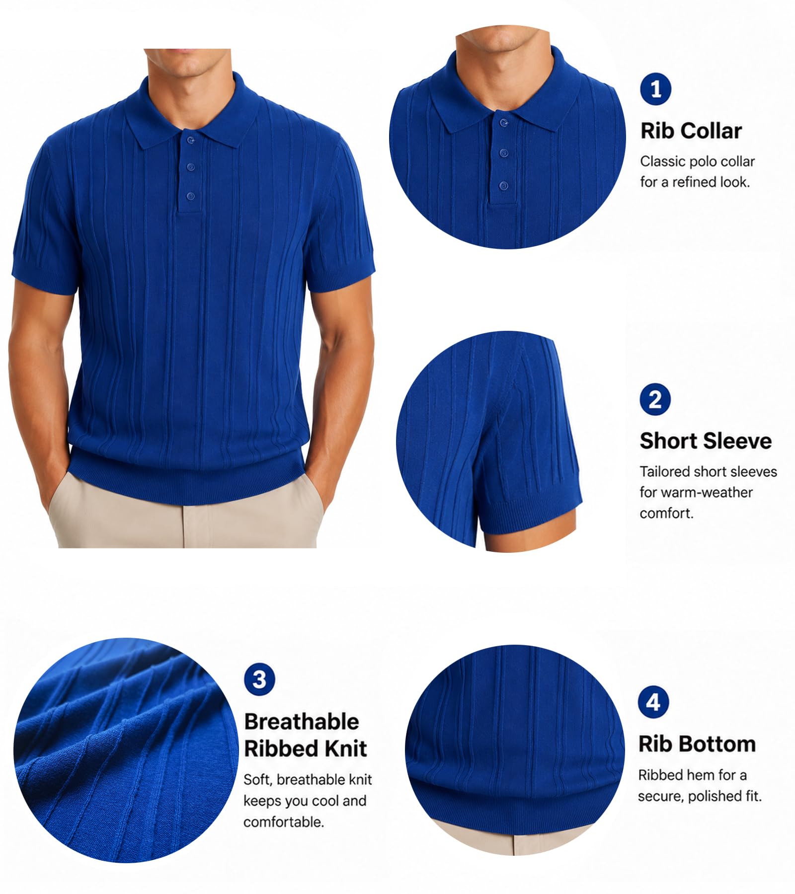 BOGARI Men's Knit Polo Shirts Short Sleeve Textured Knit V Neck Shirt Casual Ribbed Golf Sweater Summer Old Money Tops