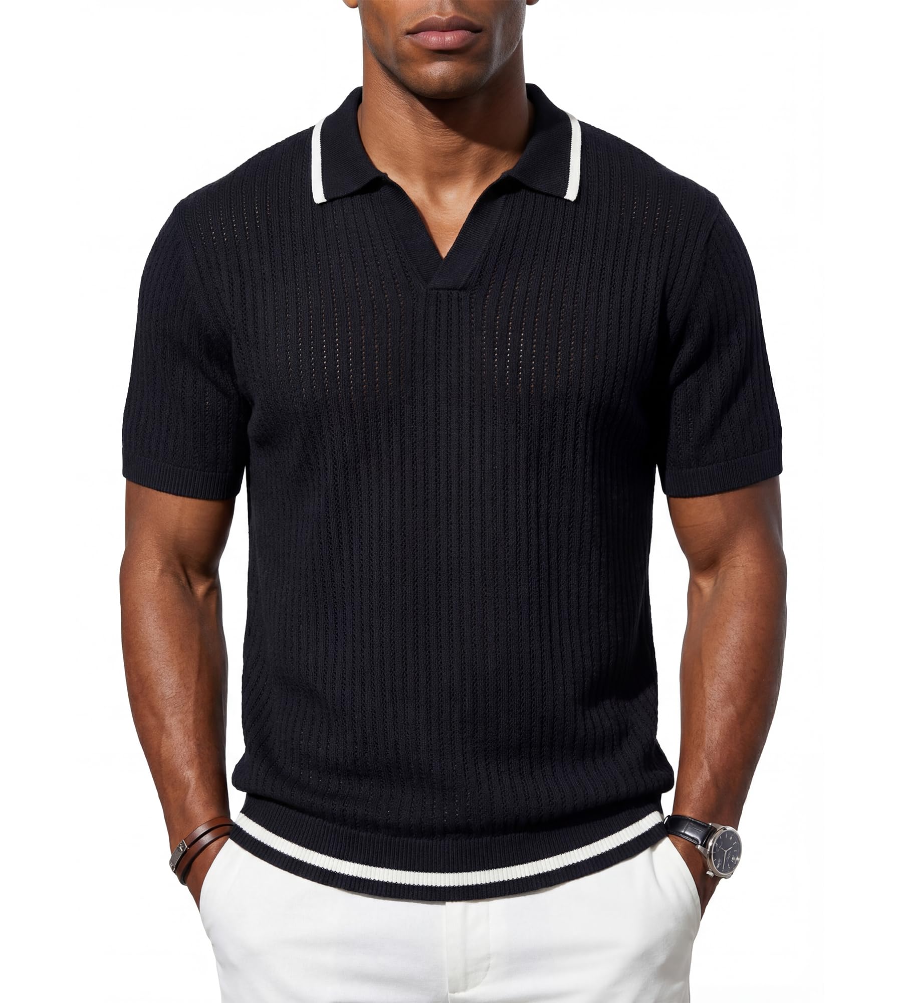 BOGARI Men's Knit Polo Shirts Short Sleeve Textured Knit V Neck Shirt Casual Ribbed Golf Sweater Summer Old Money Tops