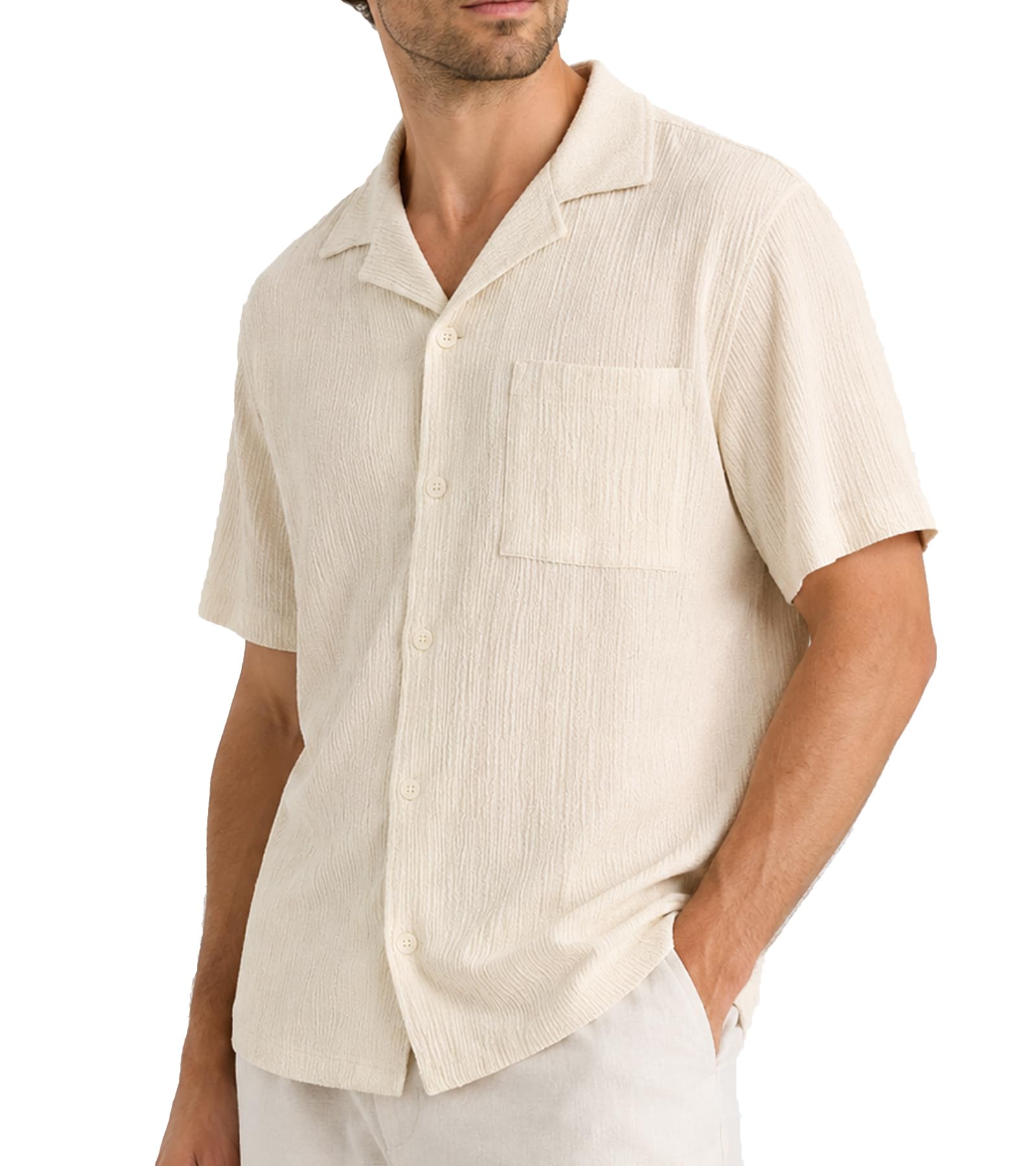 BOGARI Mens Summer Striped Shirts Button Down Knit Short Sleeve Textured Vacation Beach Casual Cuban Shirts with Pocket