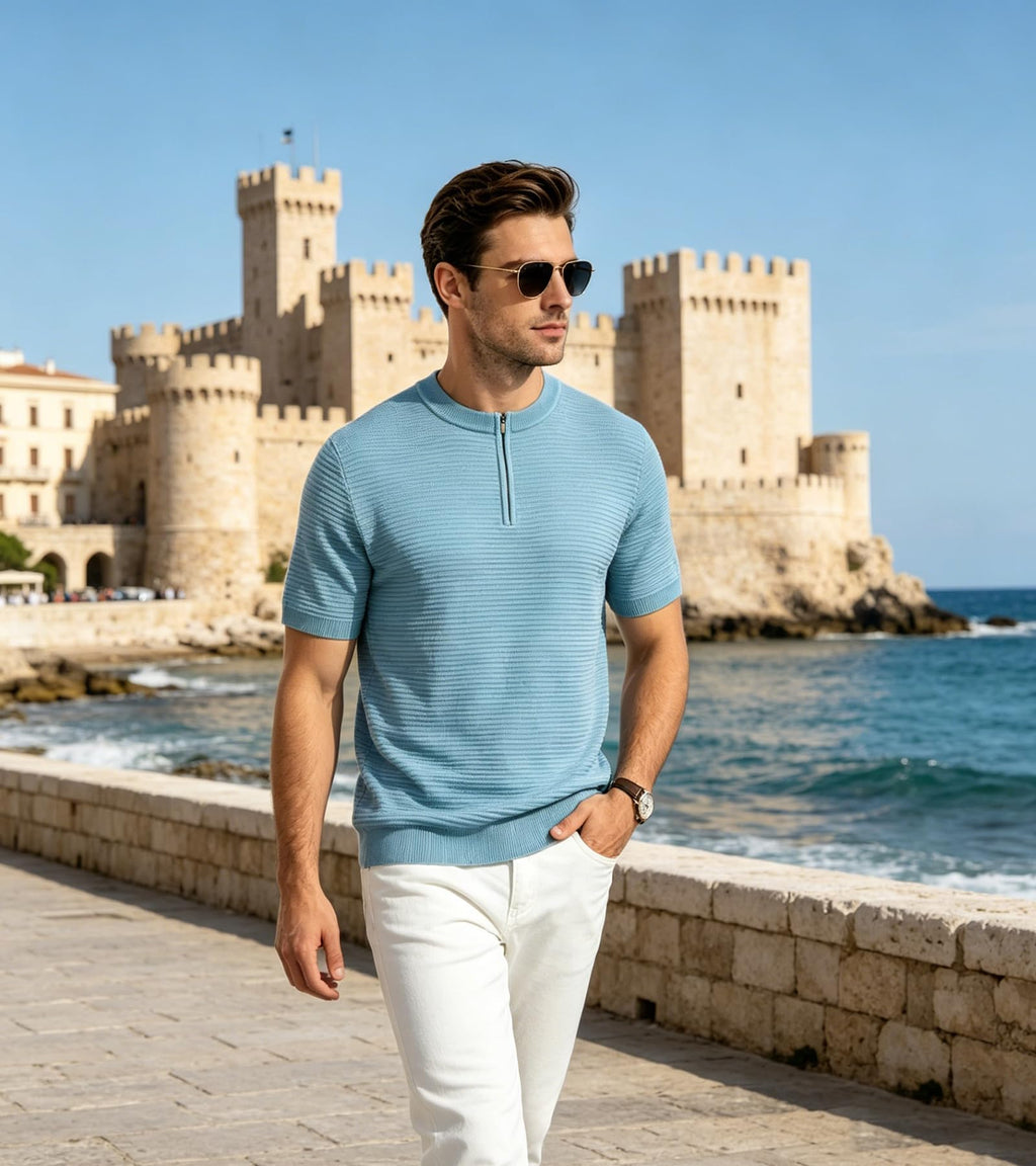 BOGARI Mens Knit Polo Shirt Short Sleeve Zipper for Summer Casual Dress Sweater Shirts Textured Ribbed Knitted Golf Tops
