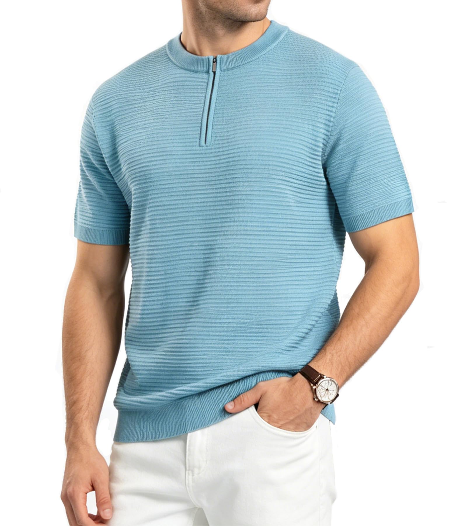 BOGARI Mens Knit Polo Shirt Short Sleeve Zipper for Summer Casual Dress Sweater Shirts Textured Ribbed Knitted Golf Tops