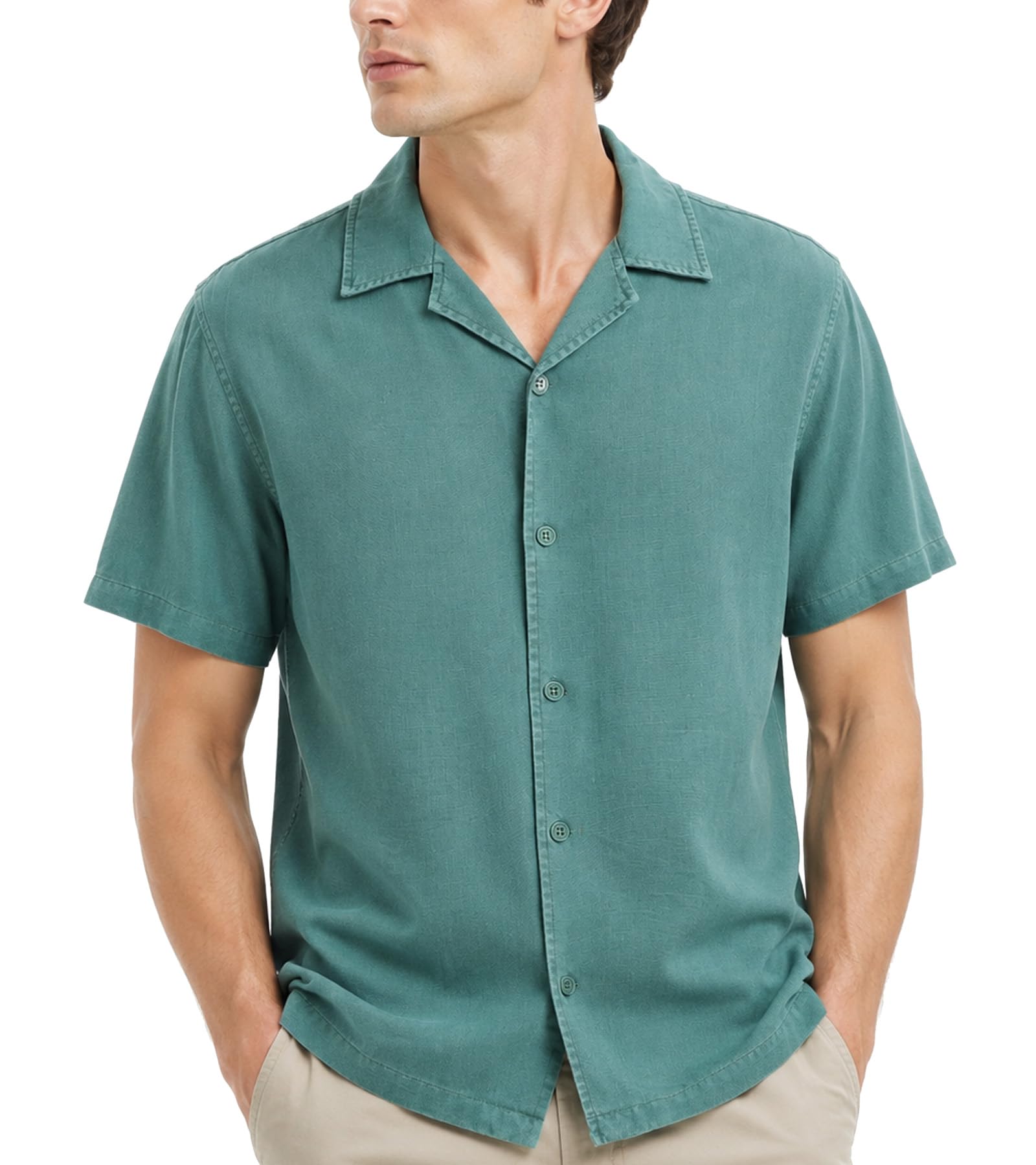 Men's Linen Button Down Shirt Short Sleeve Casual Summer Vacation Shirts Lightweight Breathable Beach